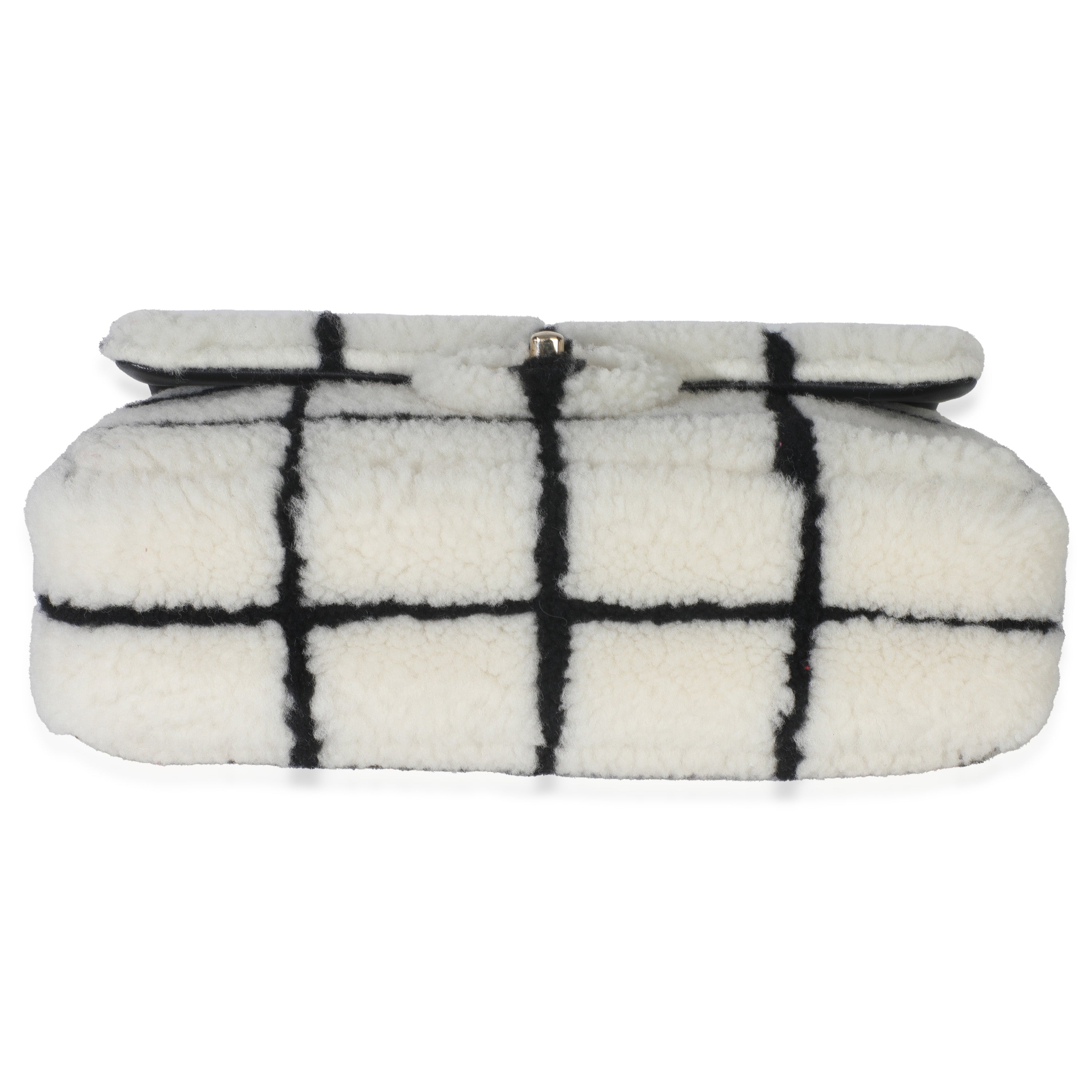 Black White CC Square Print Shearling Medium Flap Bag