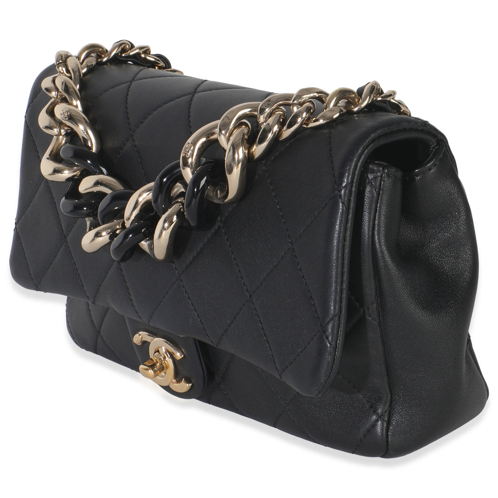 Black Quilted Lambskin Resin Elegant Chain Flap Bag