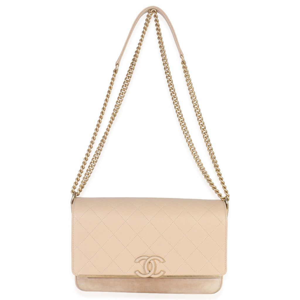 Beige Quilted Caviar Suede Lady Coco Chain Flap Handbag