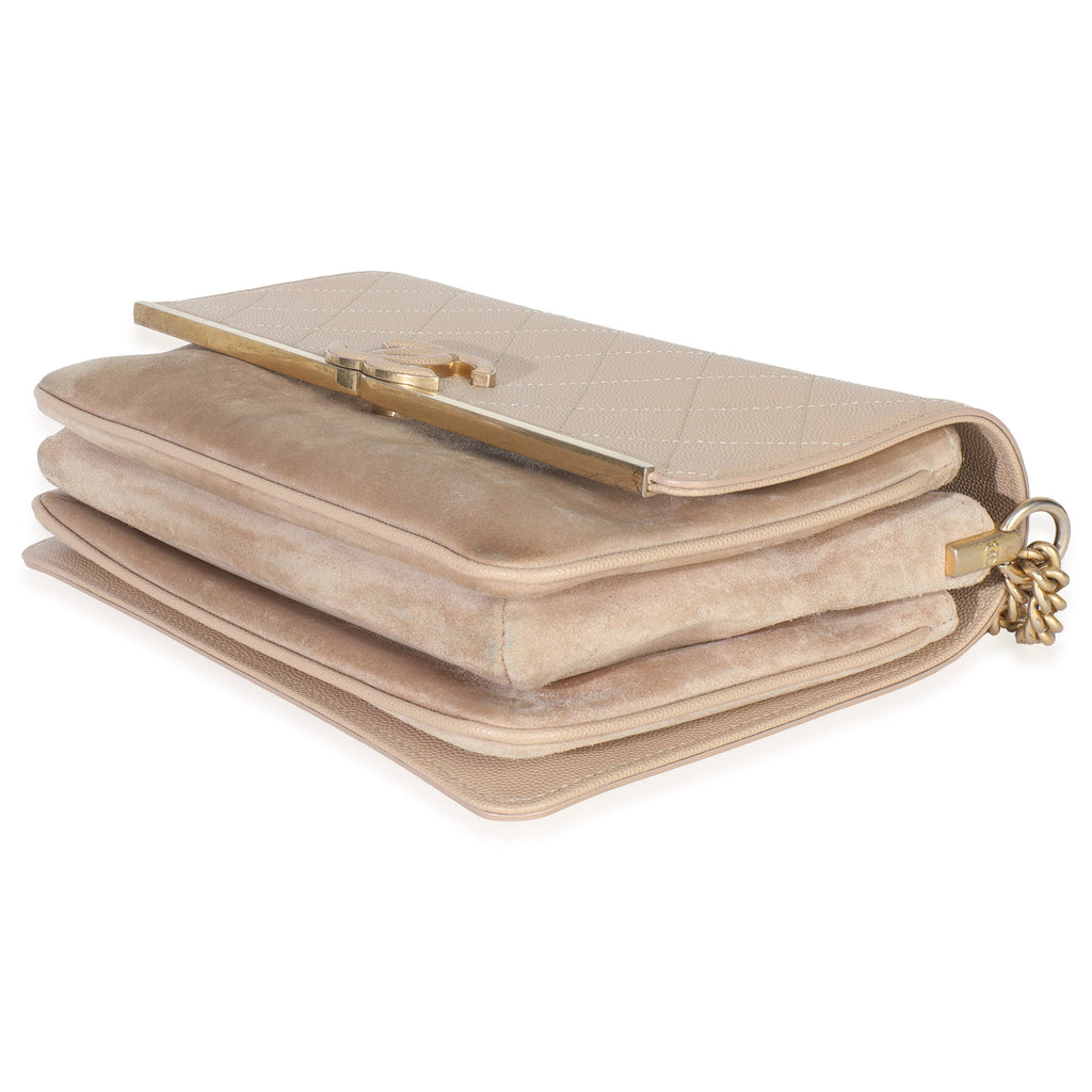 Beige Quilted Caviar Suede Lady Coco Chain Flap Handbag