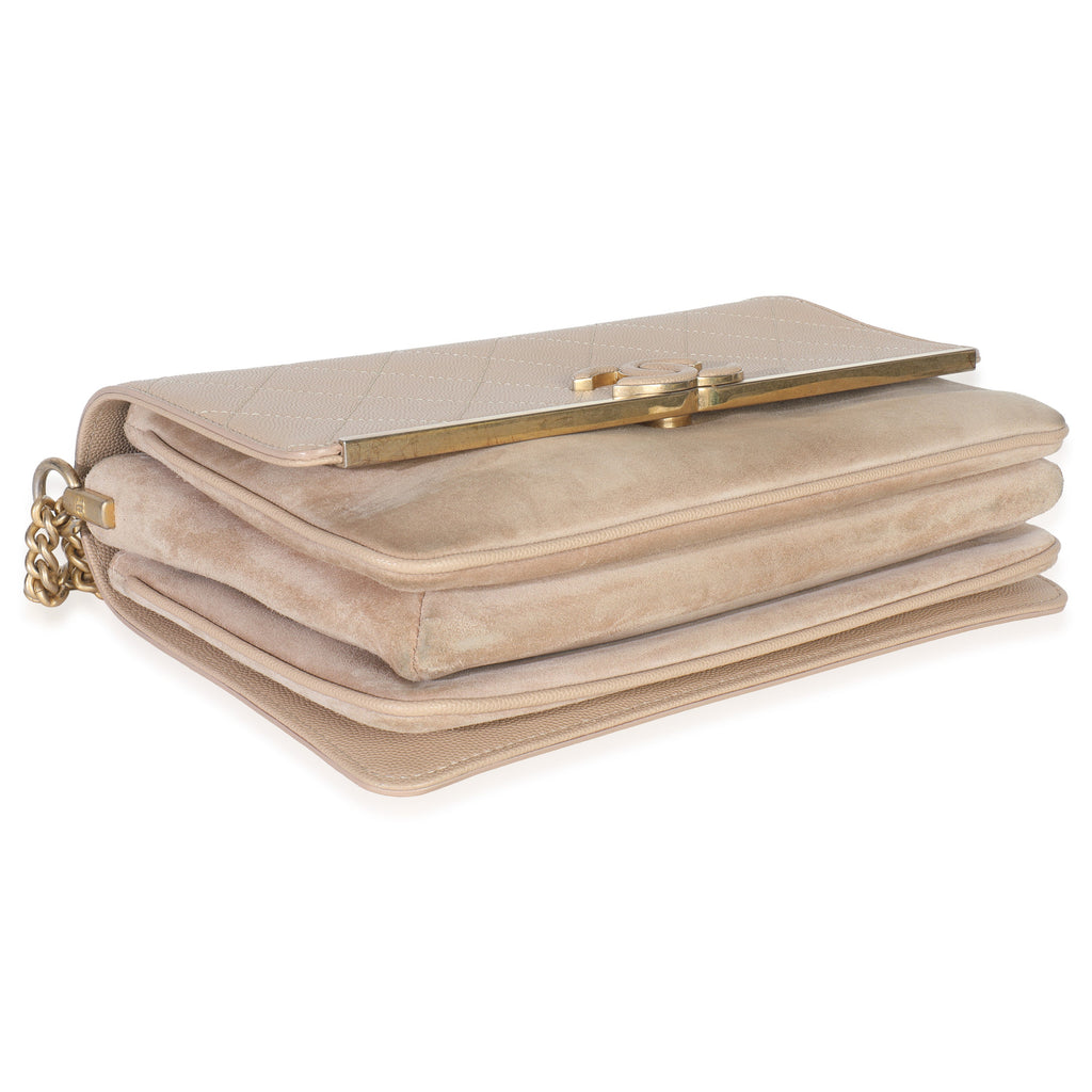 Beige Quilted Caviar Suede Lady Coco Chain Flap Handbag