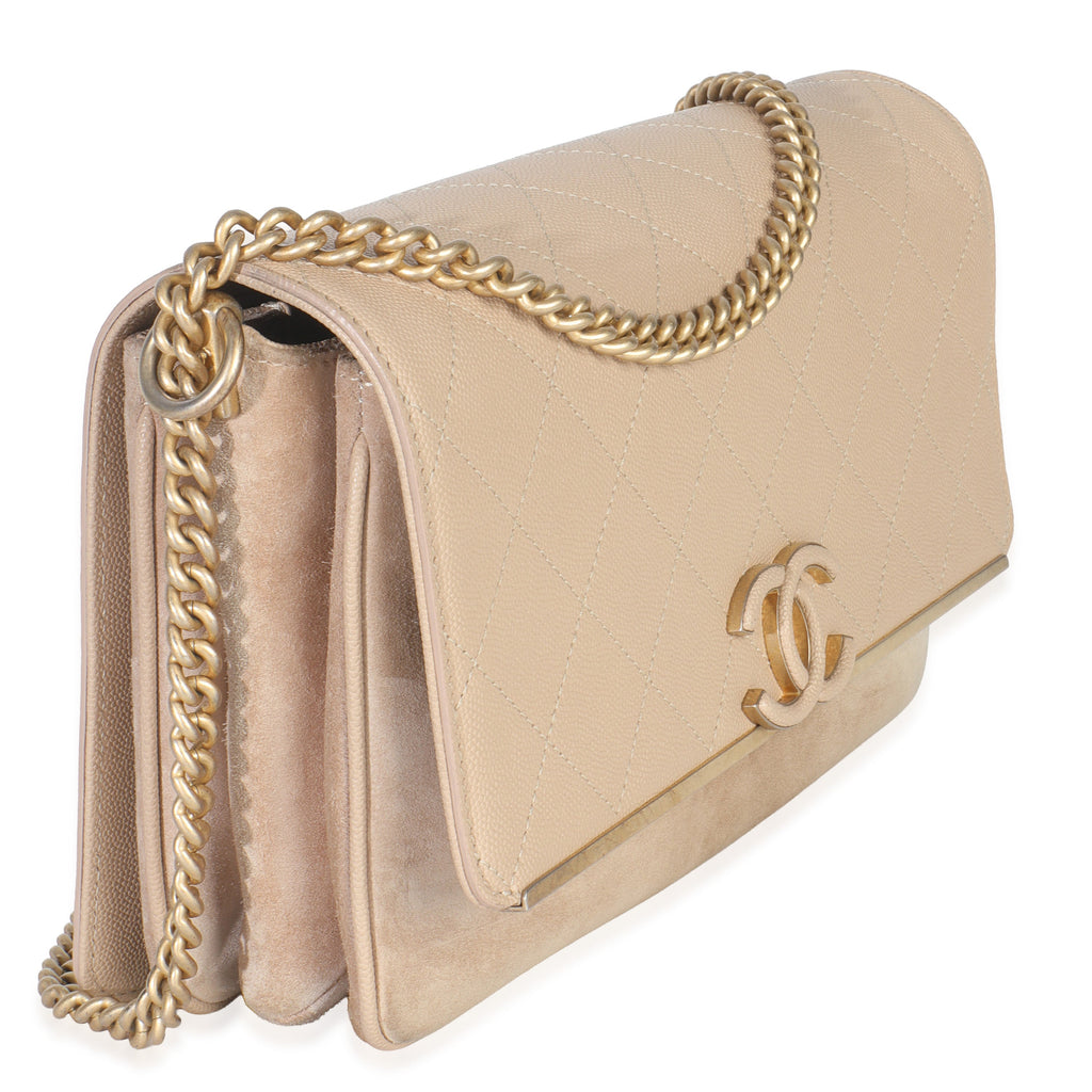 Beige Quilted Caviar Suede Lady Coco Chain Flap Handbag