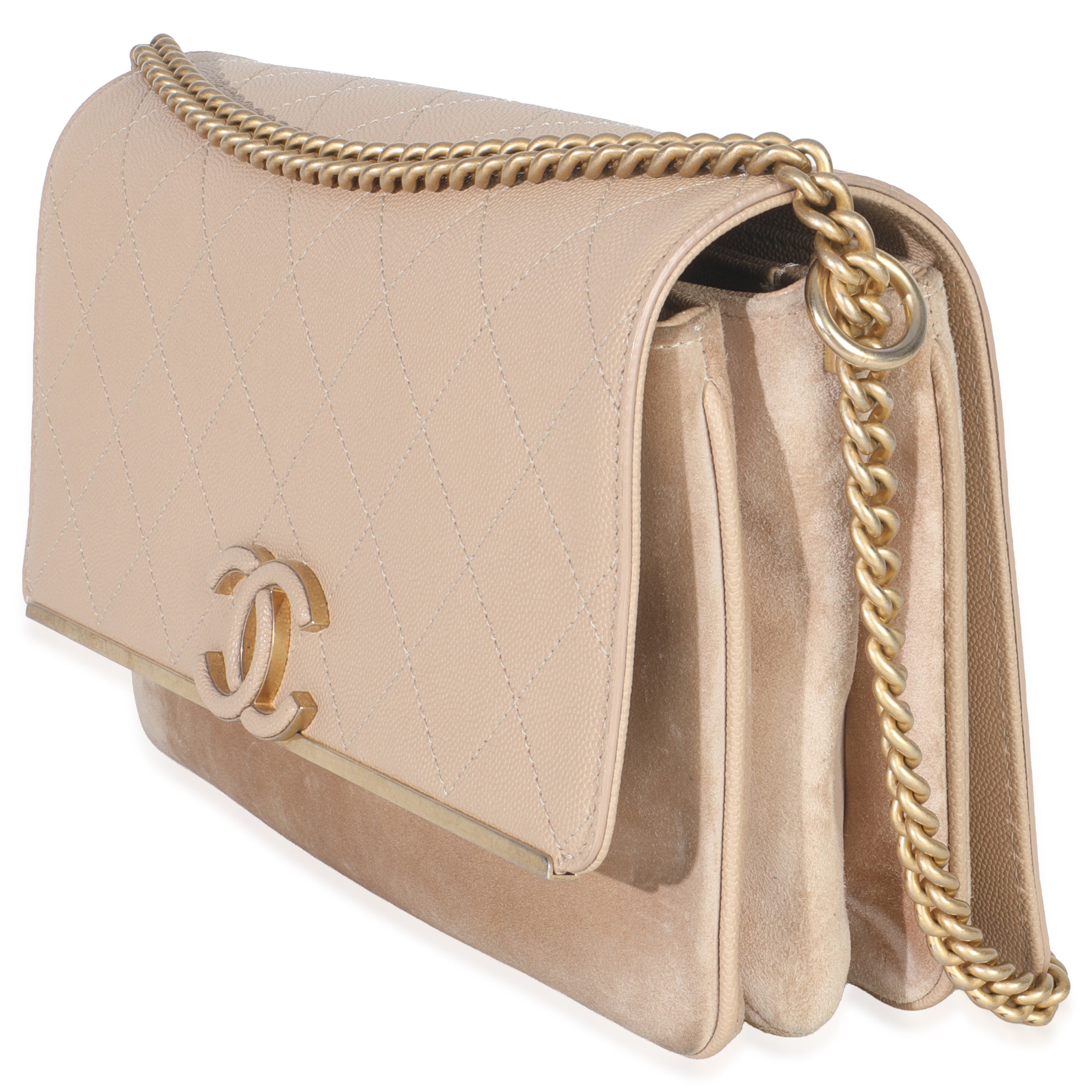 Beige Quilted Caviar Suede Lady Coco Chain Flap Handbag