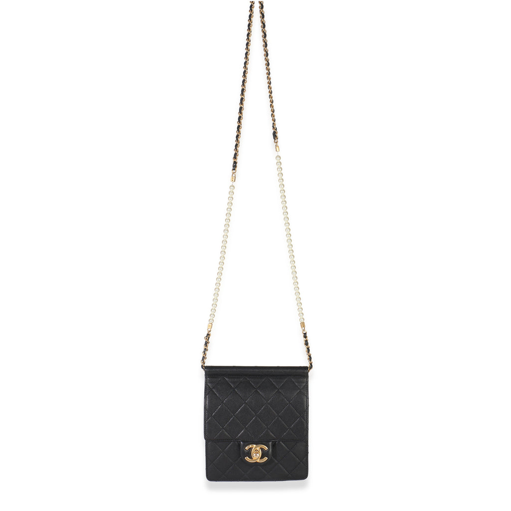 Black Quilted Goatskin Vertical Chic Pearls Flap Bag