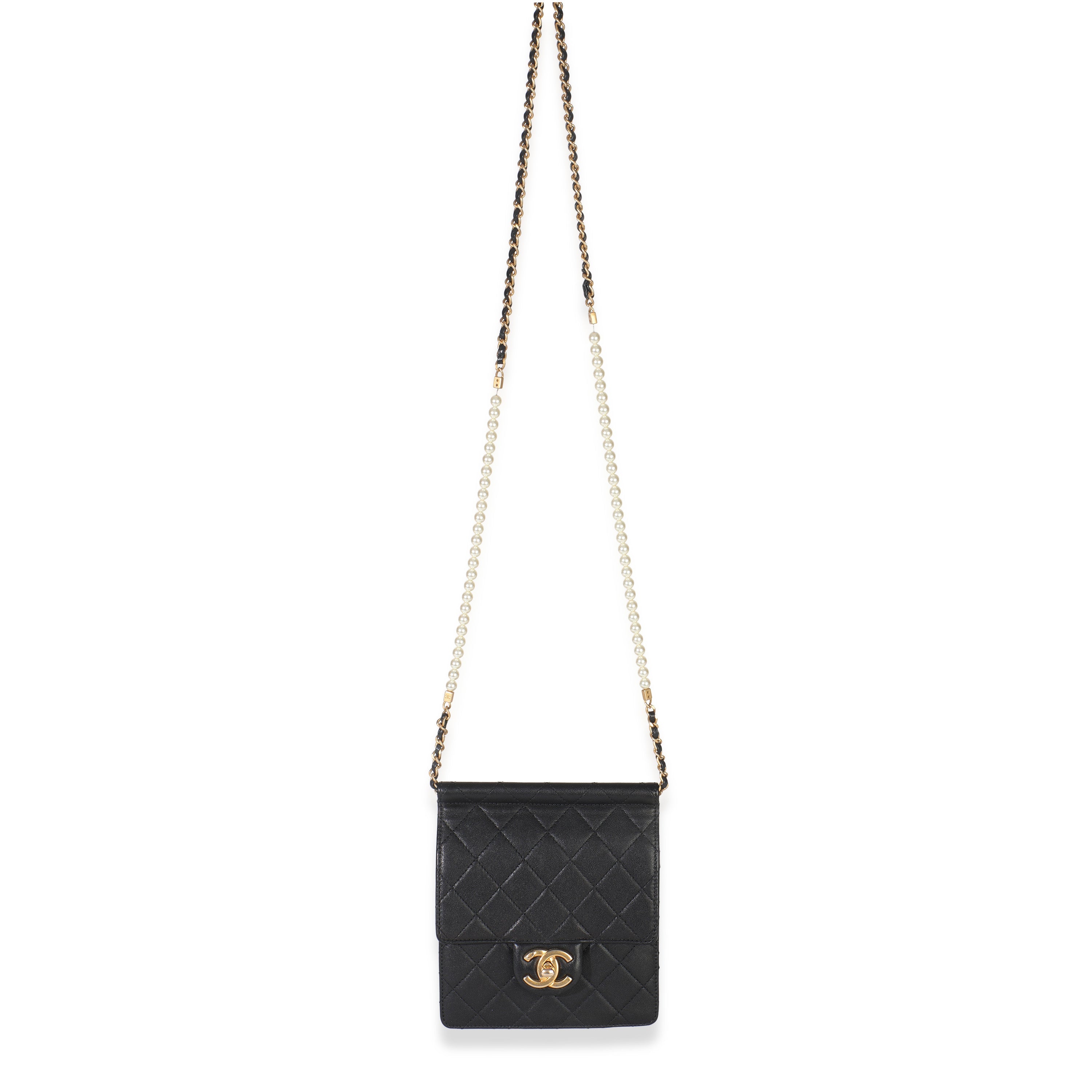 Black Quilted Goatskin Vertical Chic Pearls Flap Bag