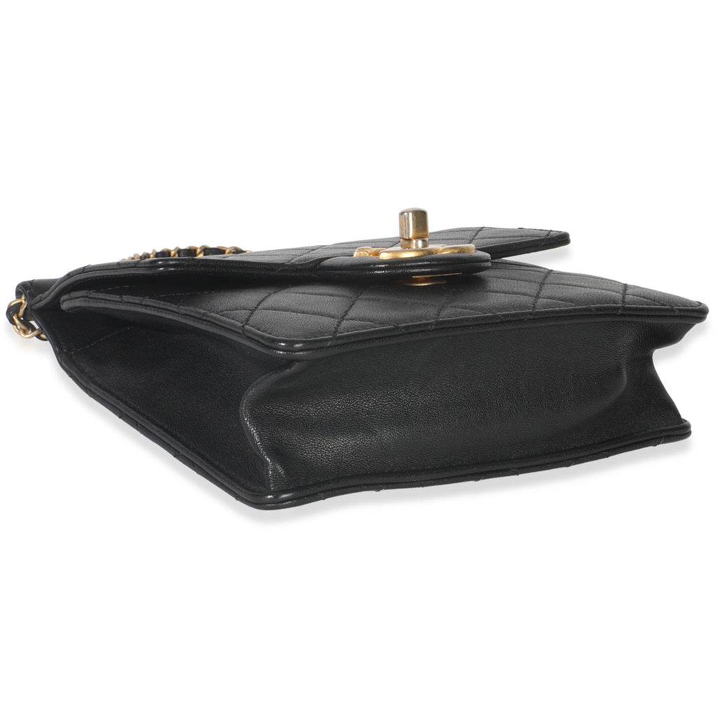 Black Quilted Goatskin Vertical Chic Pearls Flap Bag