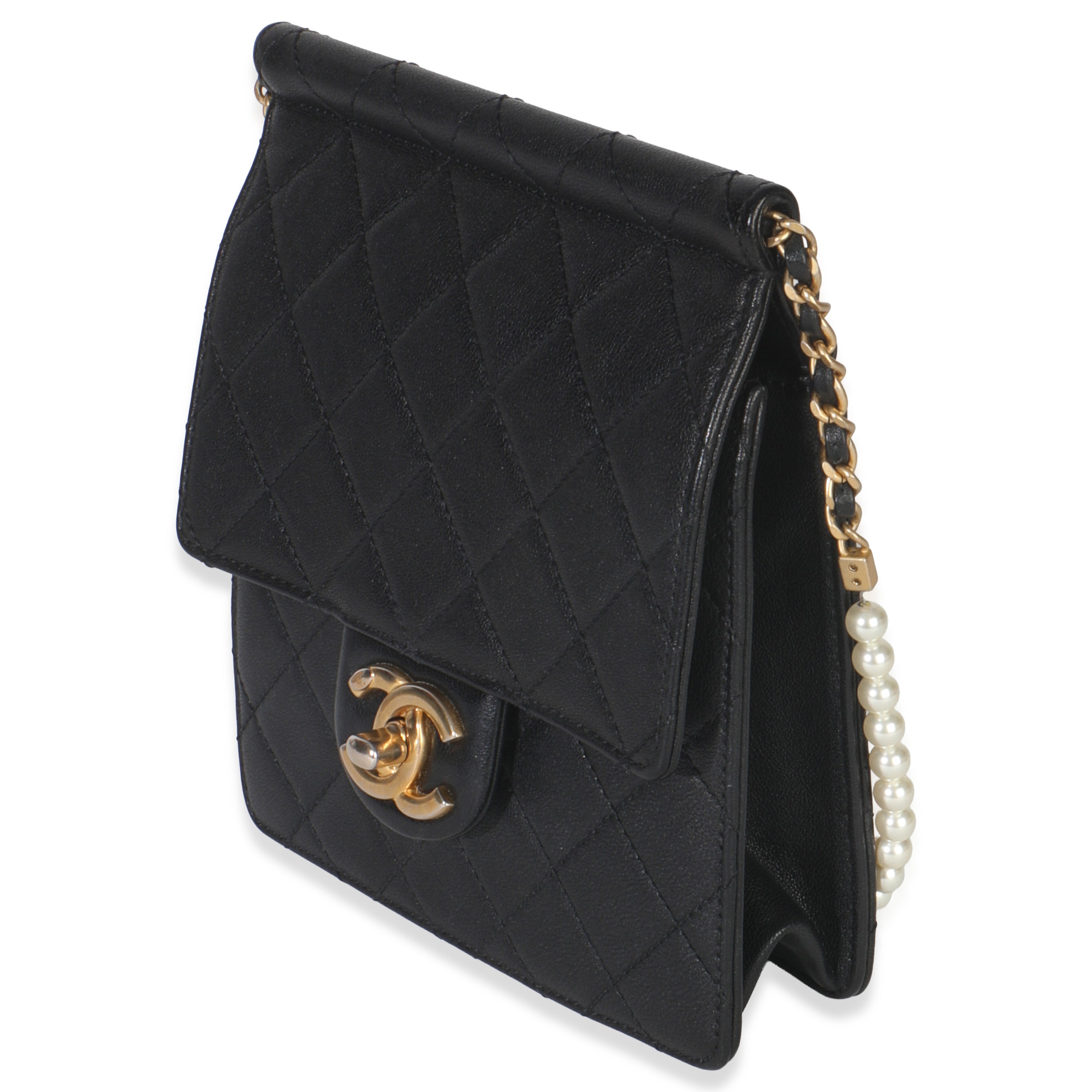 Black Quilted Goatskin Vertical Chic Pearls Flap Bag