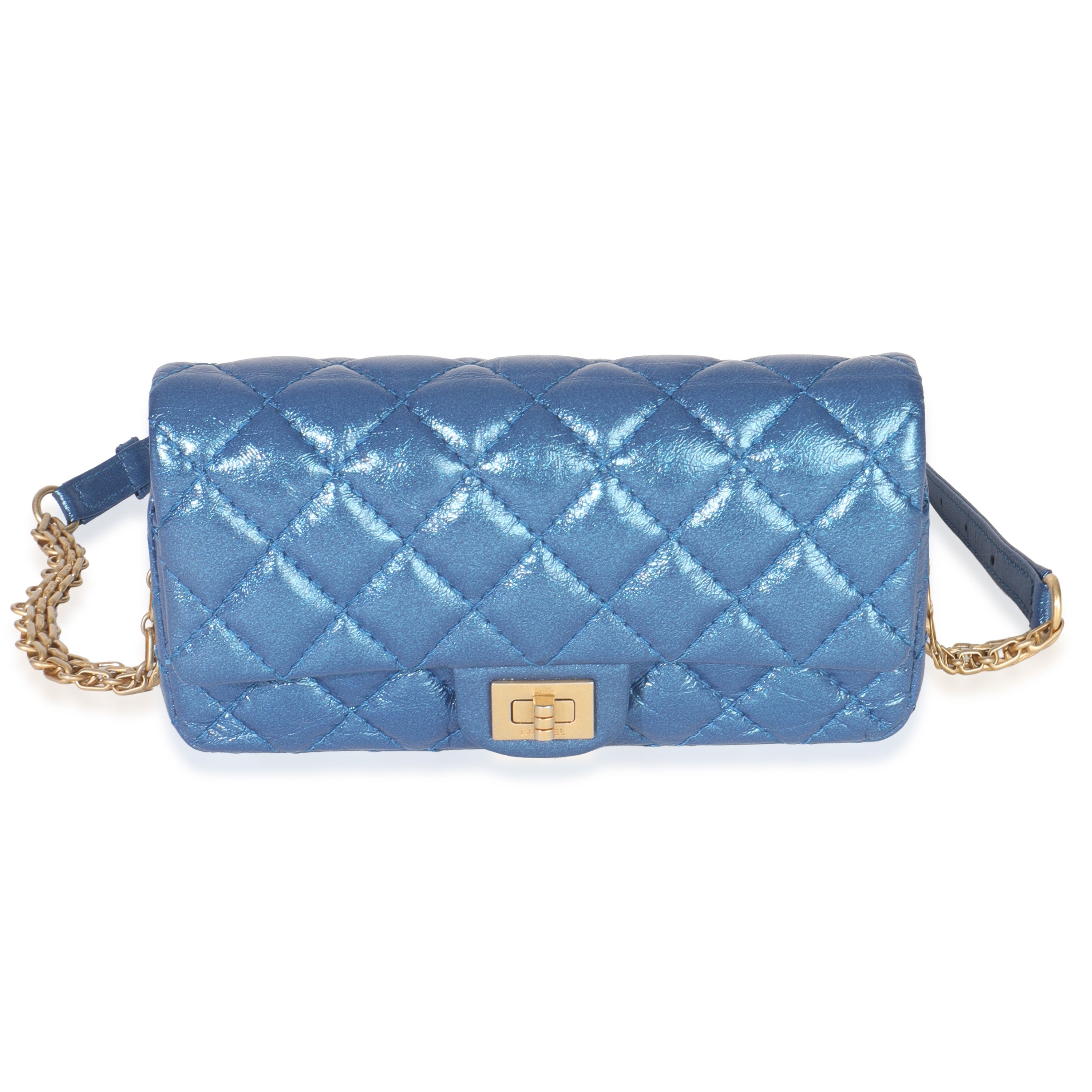 Blue Metallic Aged Quilted Calfskin 2.55 Reissue Flap Belt Bag