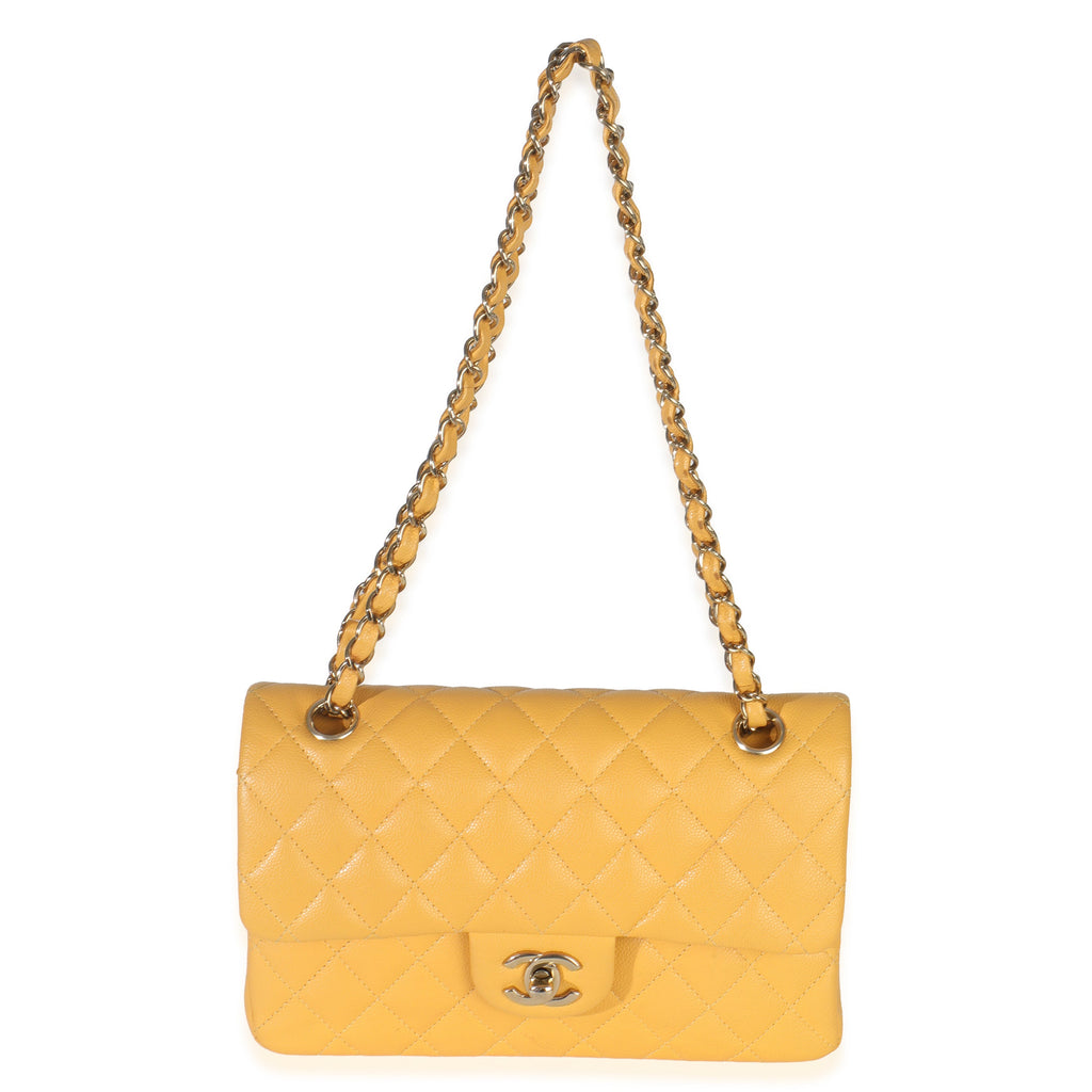 Yellow Caviar Quilted Small Classic Double Flap Handbag