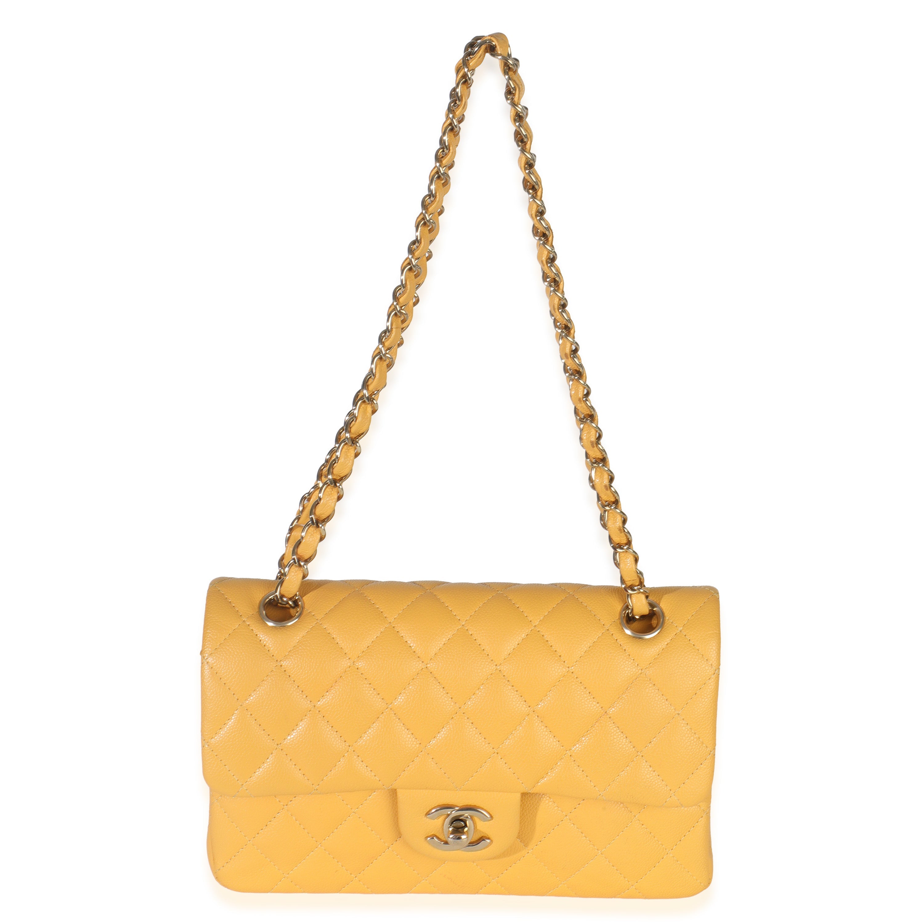Yellow Caviar Quilted Small Classic Double Flap Handbag