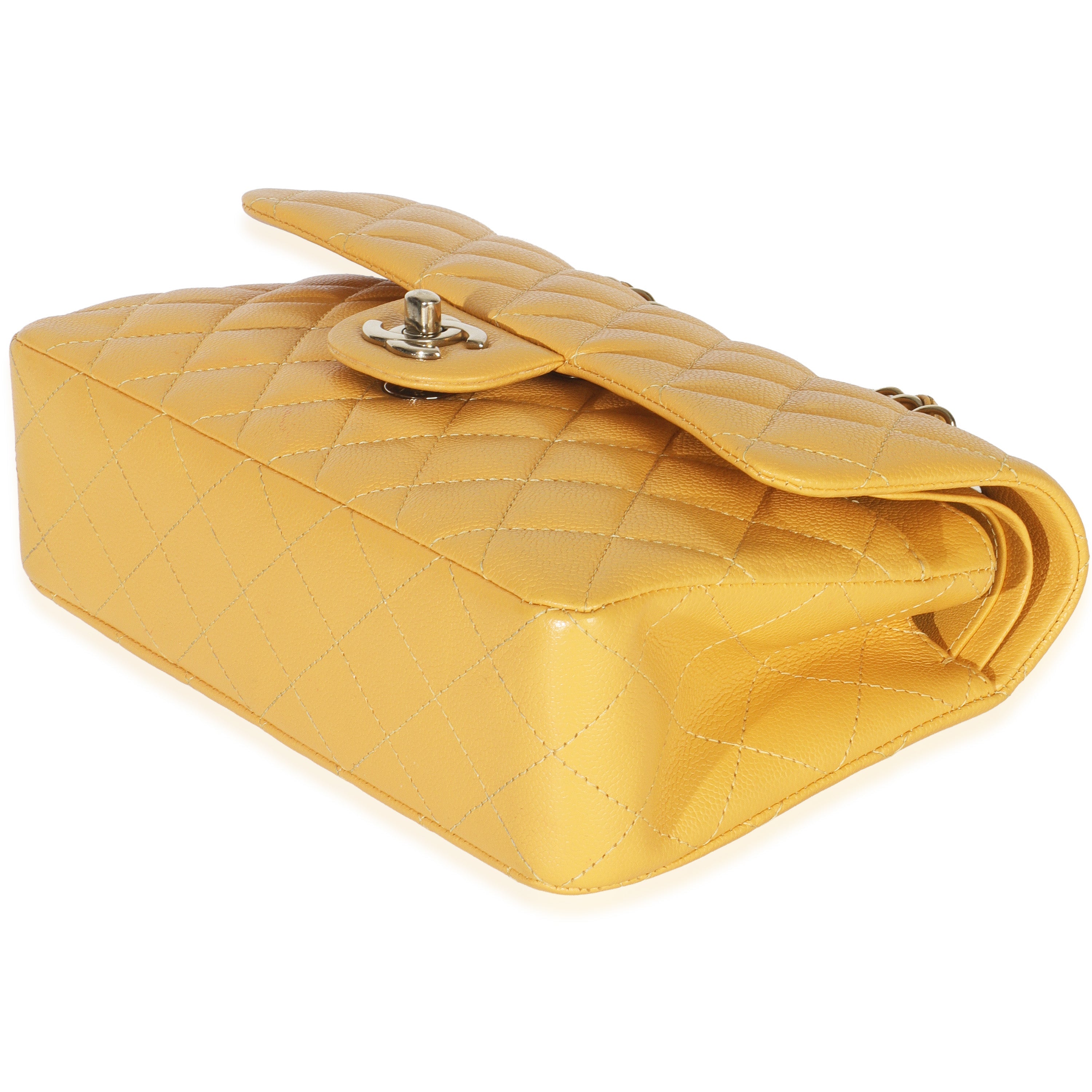 Yellow Caviar Quilted Small Classic Double Flap Handbag