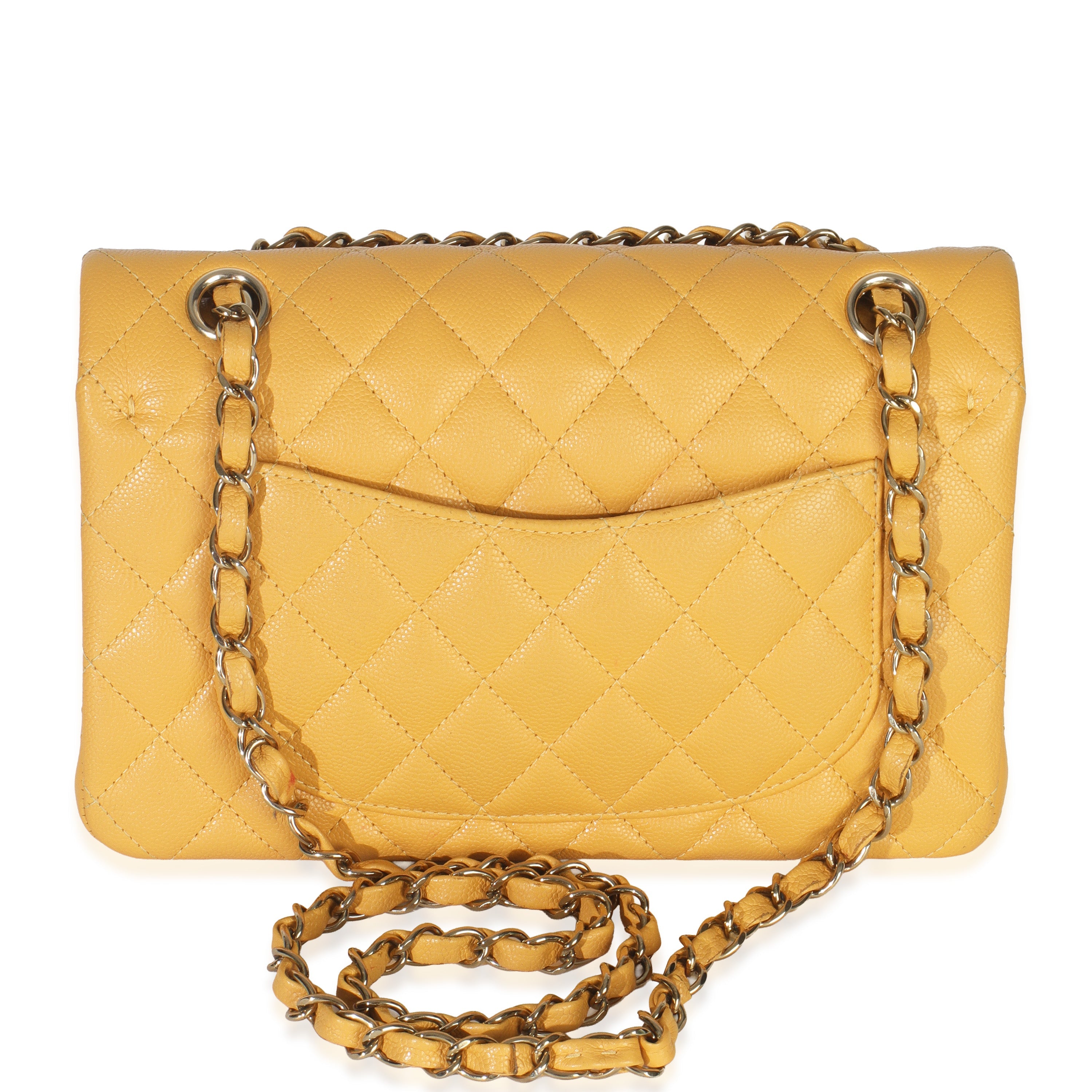Yellow Caviar Quilted Small Classic Double Flap Handbag