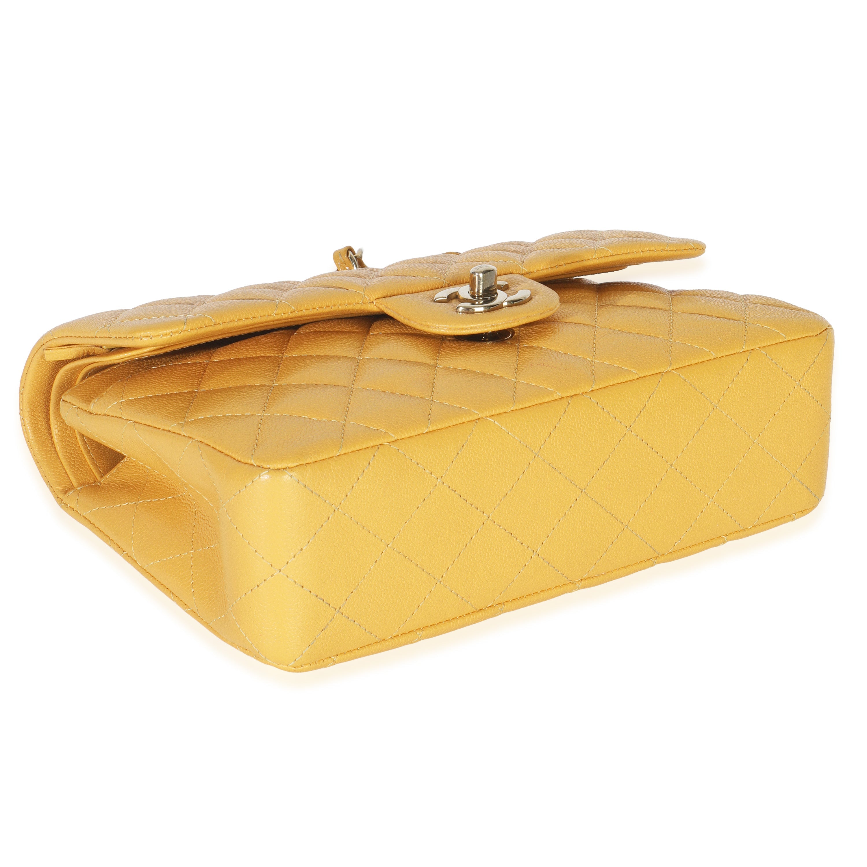 Yellow Caviar Quilted Small Classic Double Flap Handbag