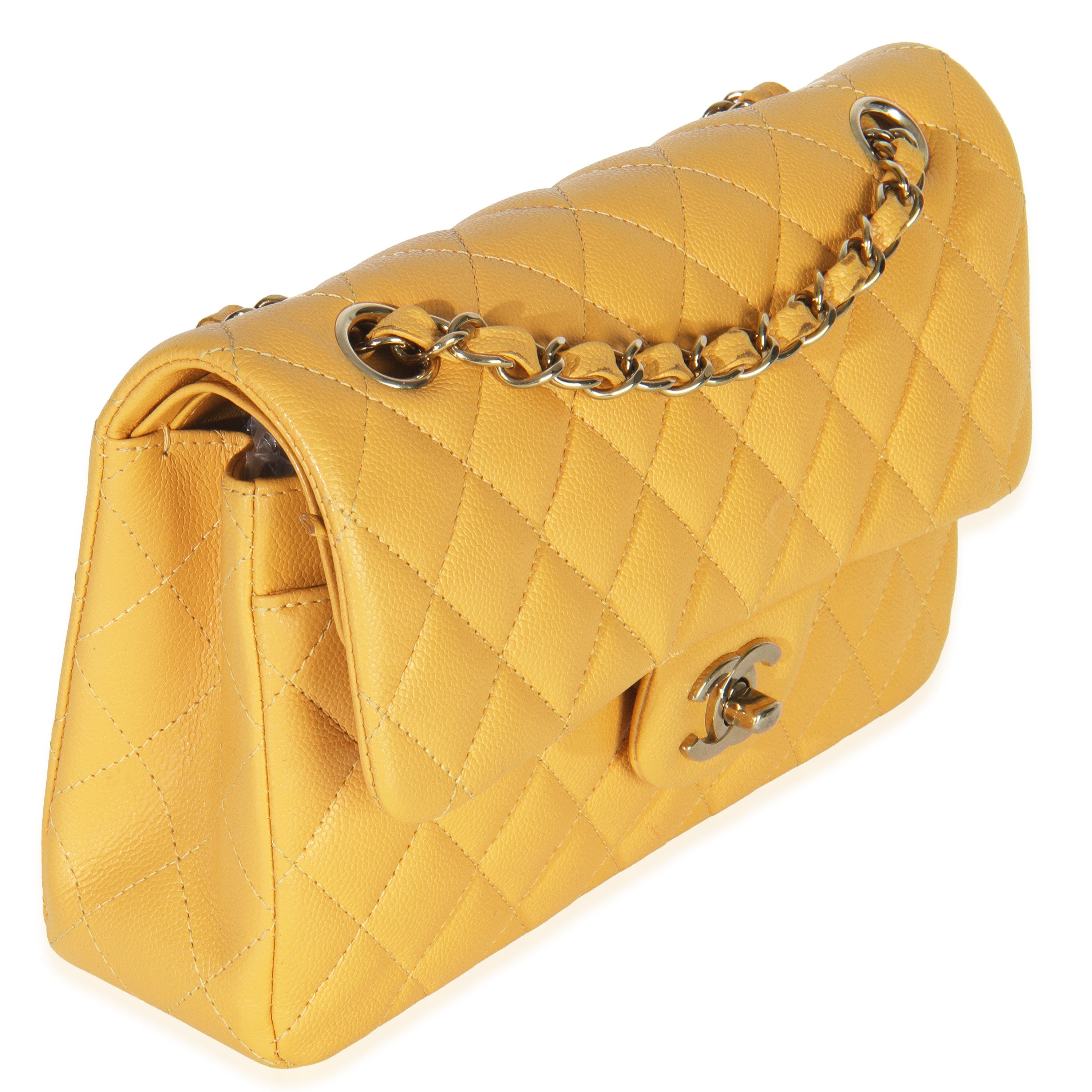 Yellow Caviar Quilted Small Classic Double Flap Handbag