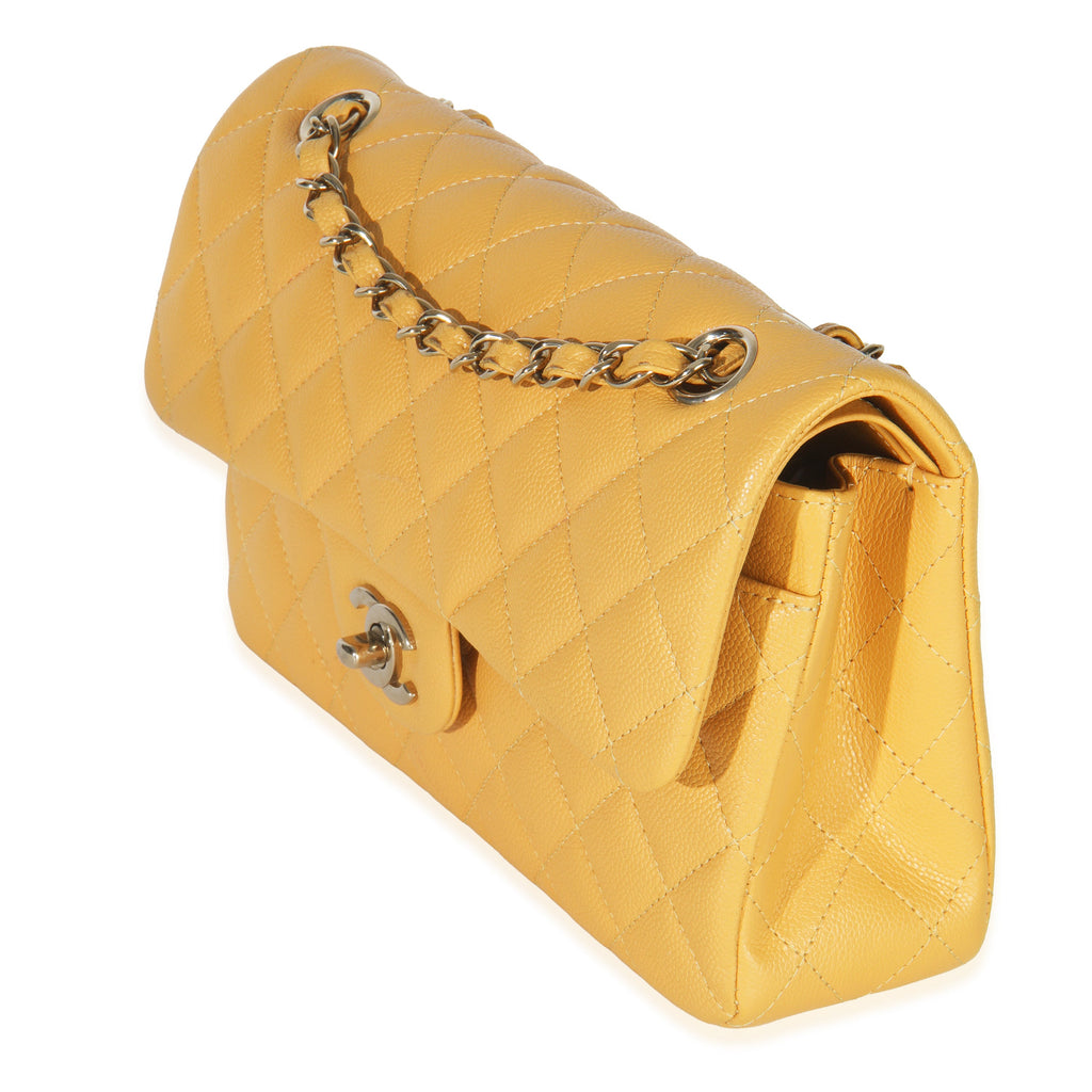 Yellow Caviar Quilted Small Classic Double Flap Handbag