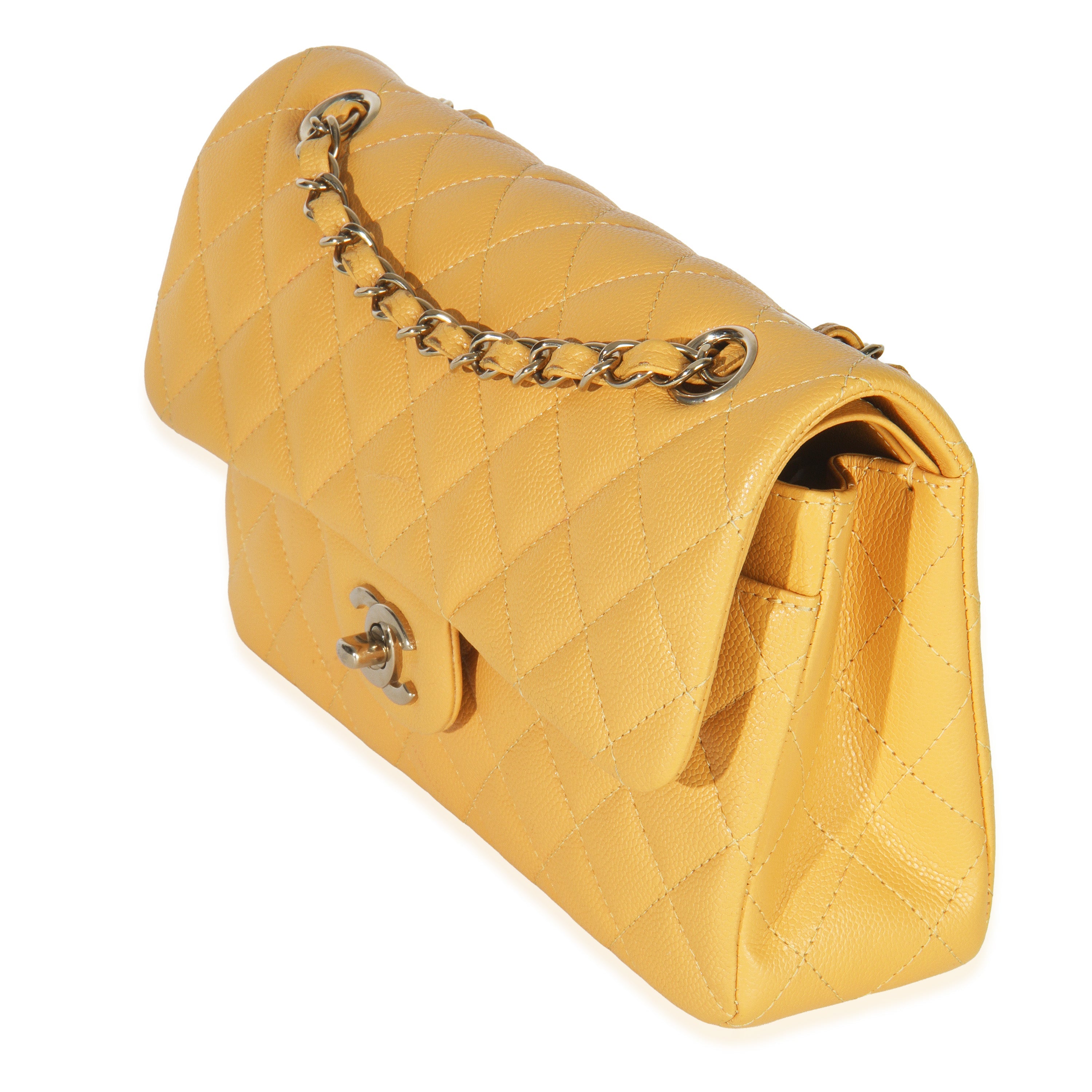 Yellow Caviar Quilted Small Classic Double Flap Handbag