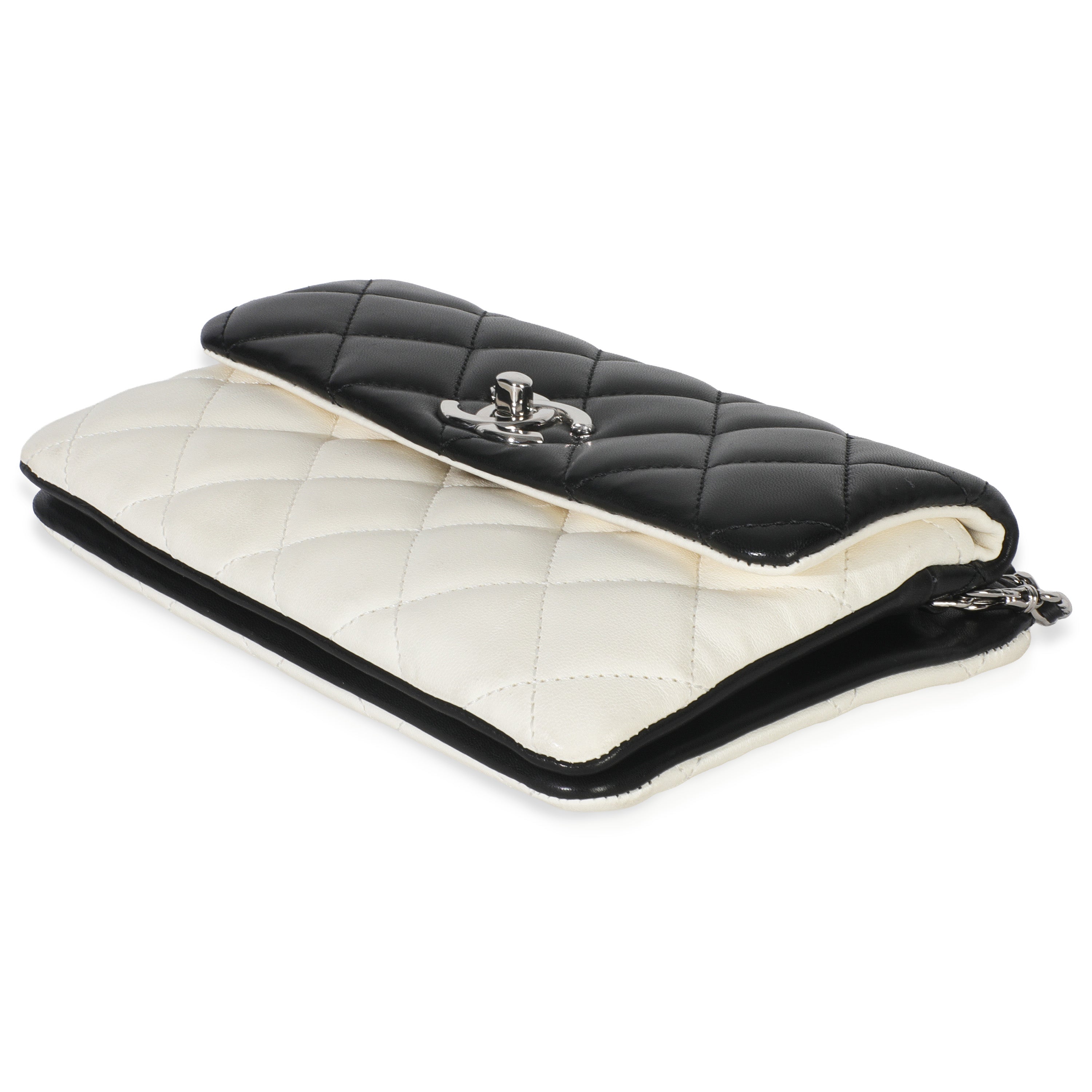 Black White Quilted Lambskin Front Pocket Chain Flap Bag