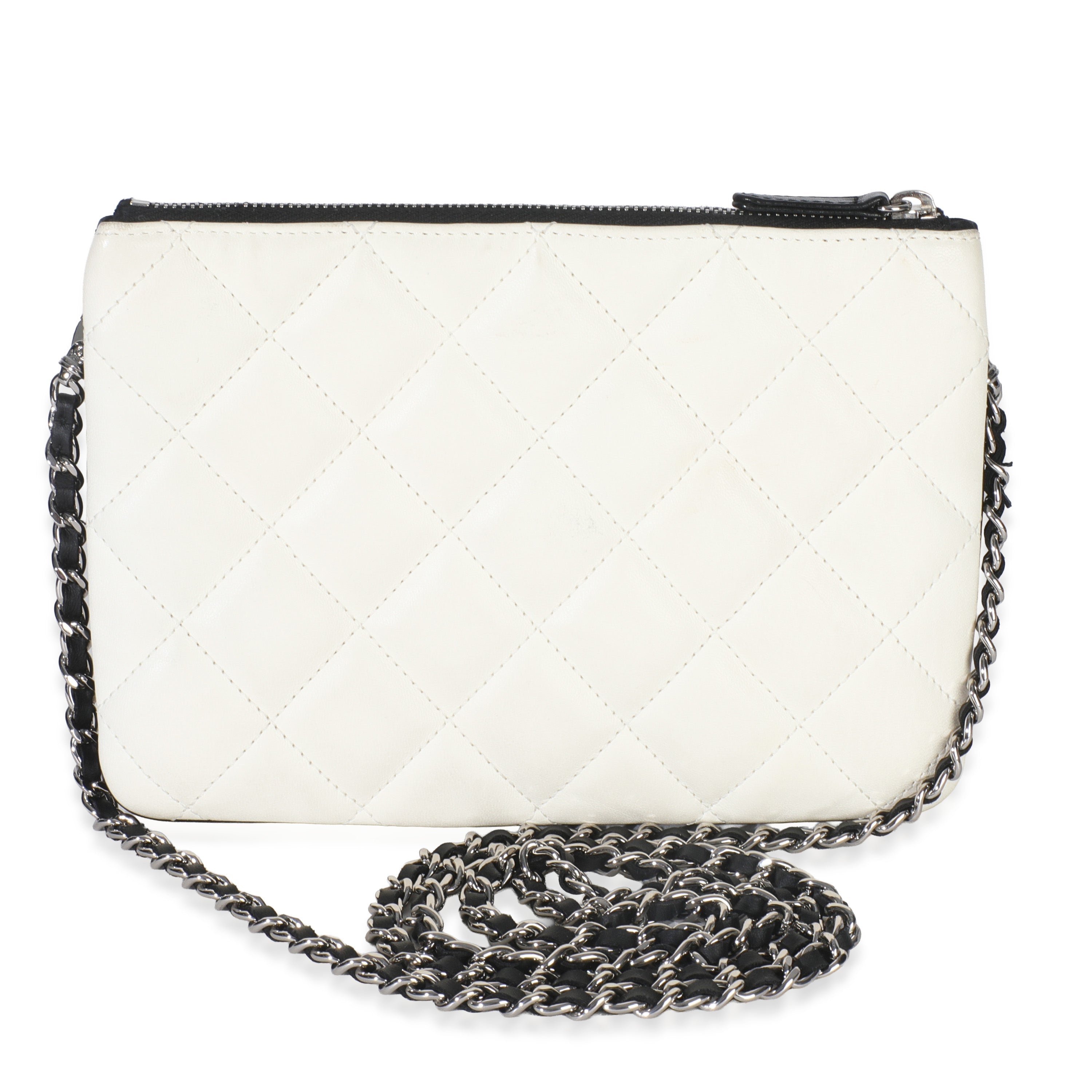 Black White Quilted Lambskin Front Pocket Chain Flap Bag