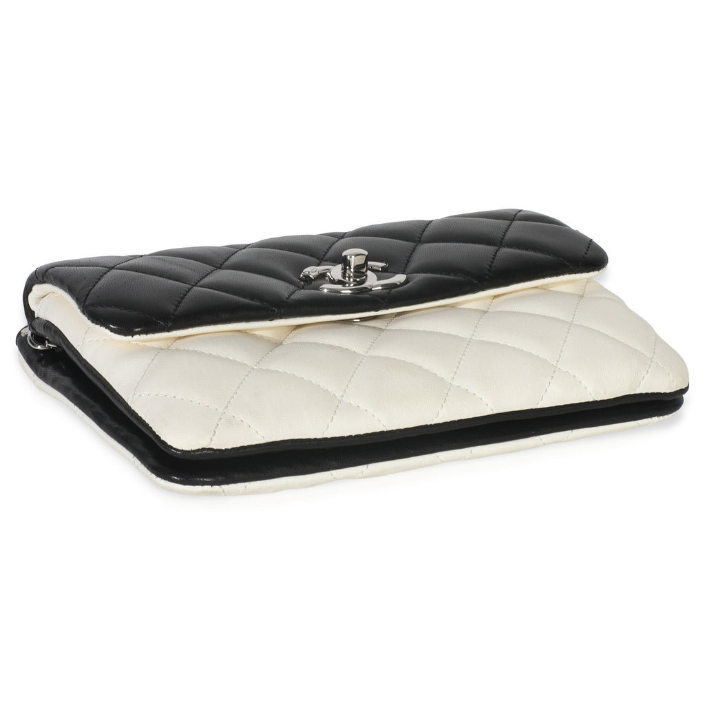 Black White Quilted Lambskin Front Pocket Chain Flap Bag