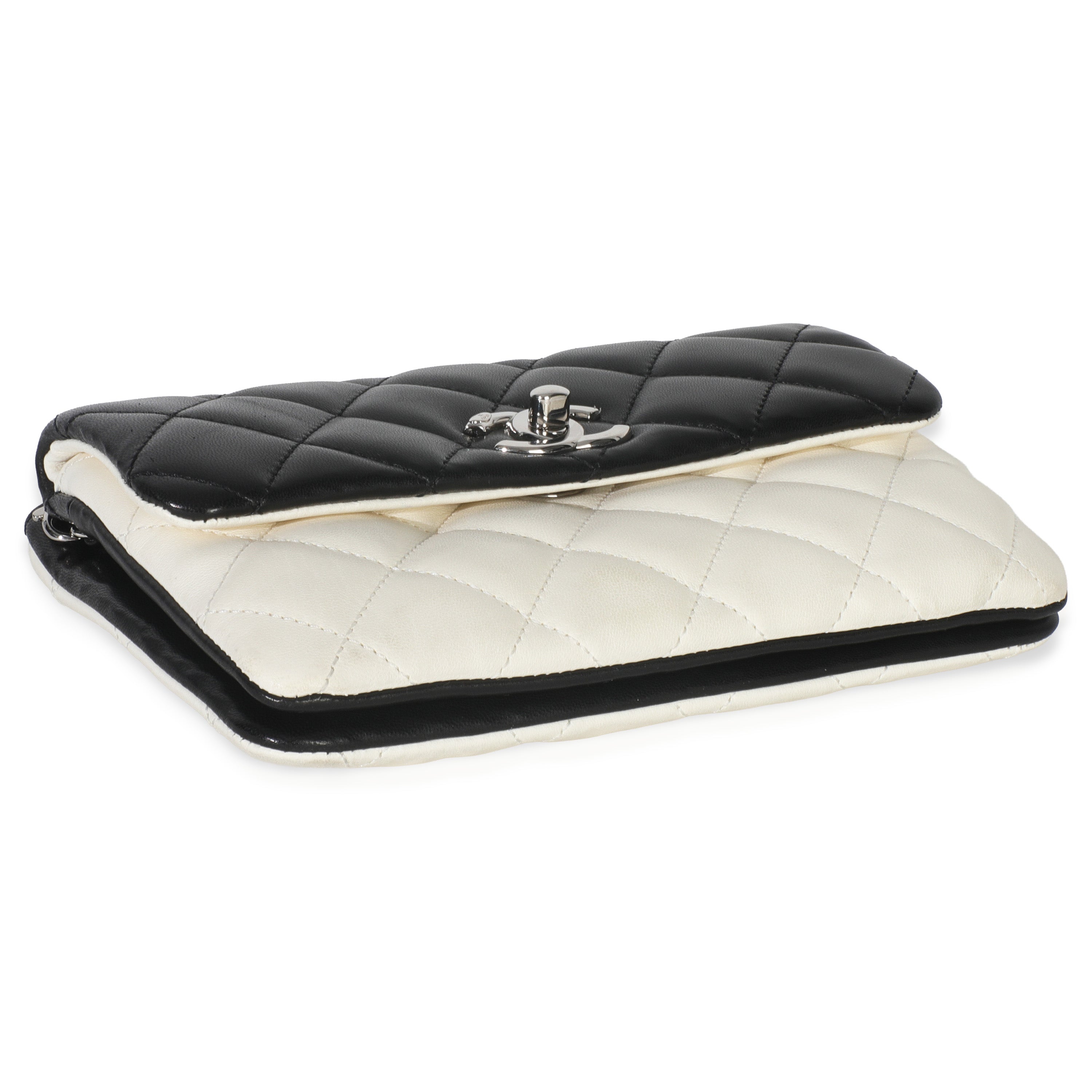 Black White Quilted Lambskin Front Pocket Chain Flap Bag