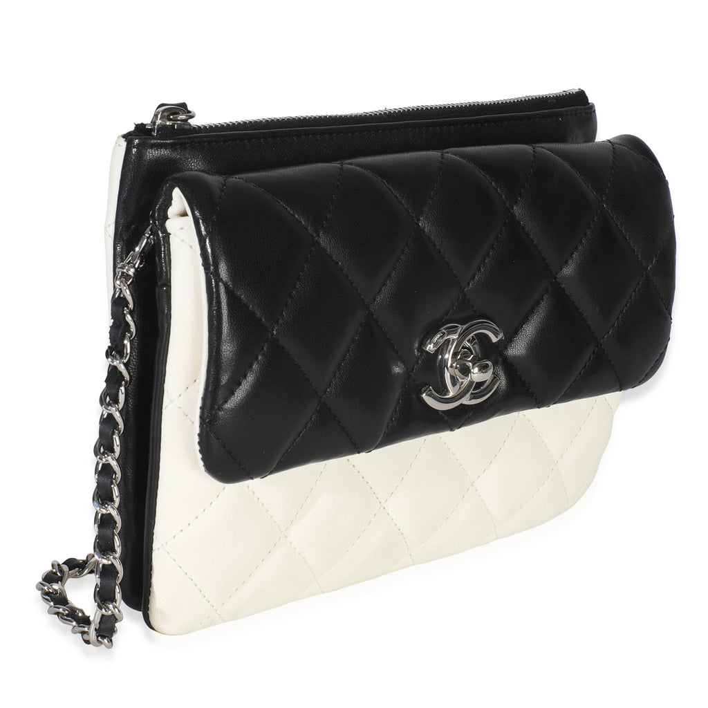 Black White Quilted Lambskin Front Pocket Chain Flap Bag