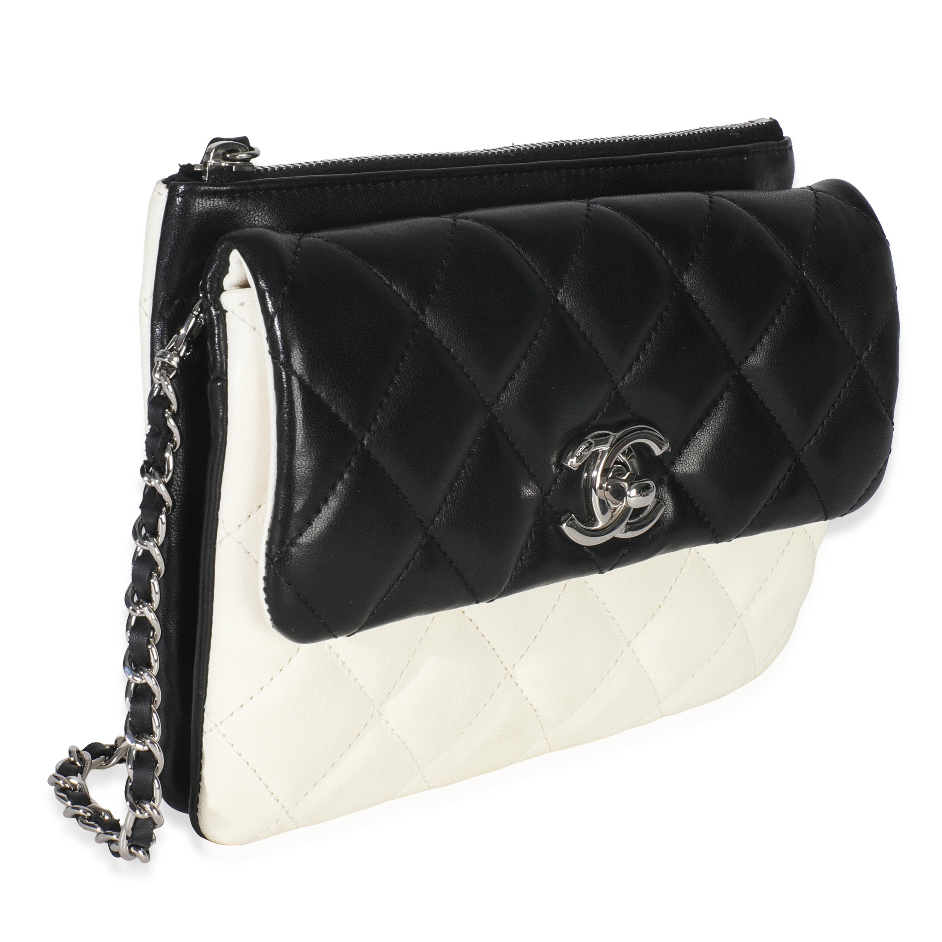 Black White Quilted Lambskin Front Pocket Chain Flap Bag