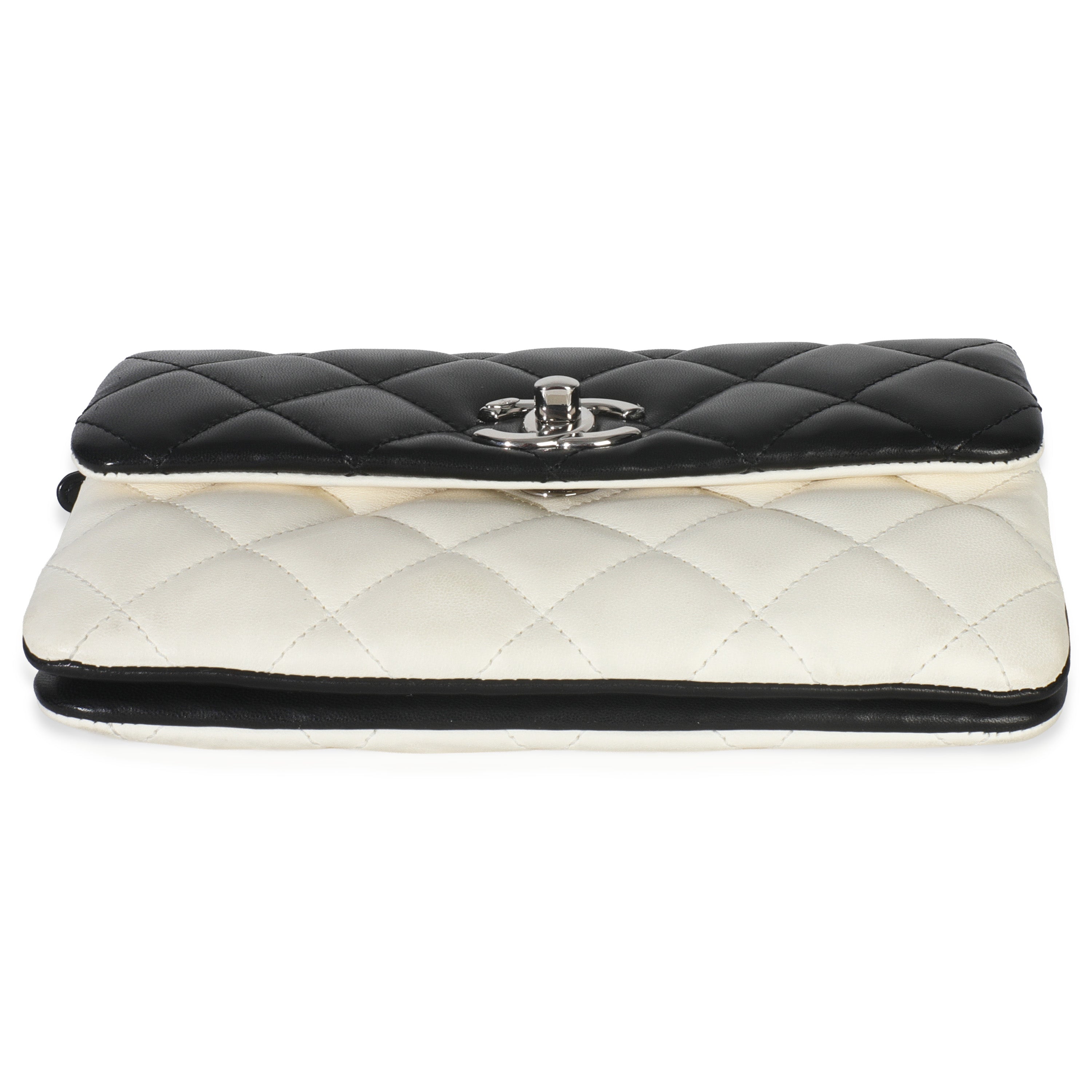 Black White Quilted Lambskin Front Pocket Chain Flap Bag