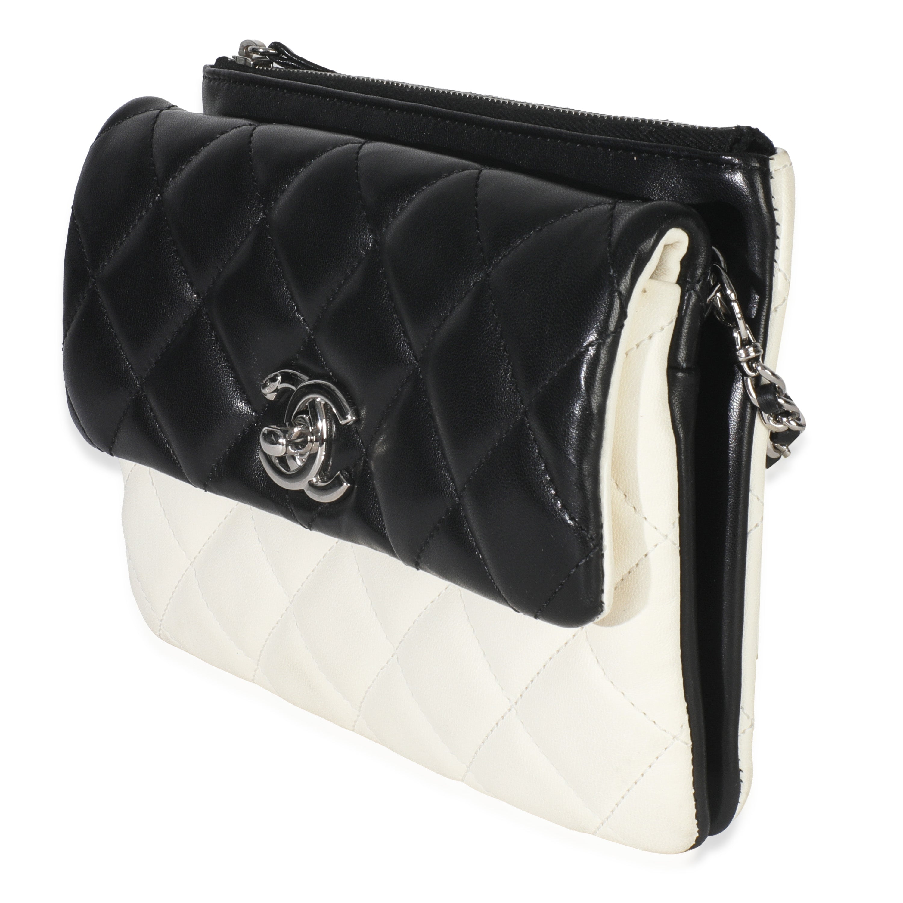 Black White Quilted Lambskin Front Pocket Chain Flap Bag