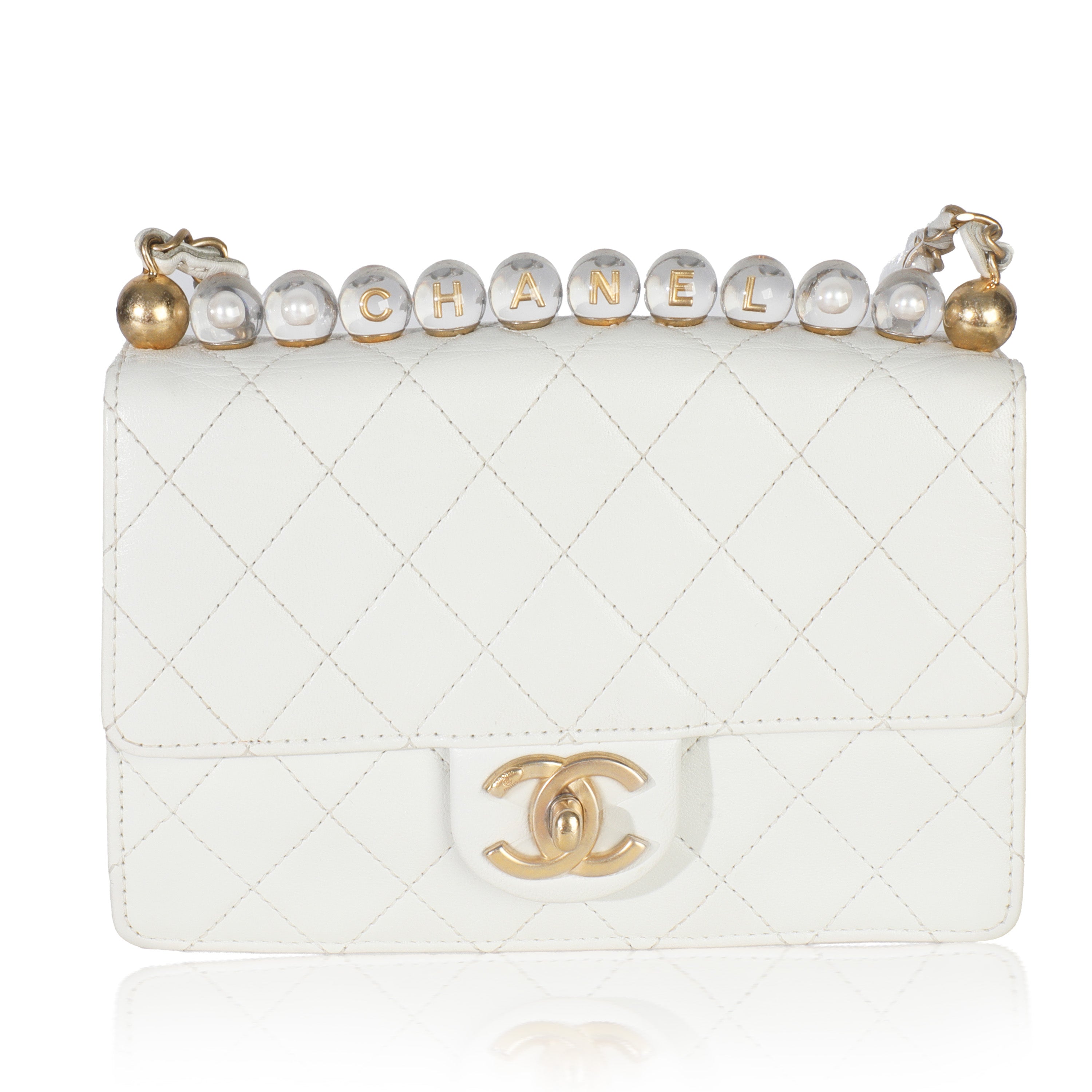 White Quilted Goatskin Small Chic Pearls Flap Bag