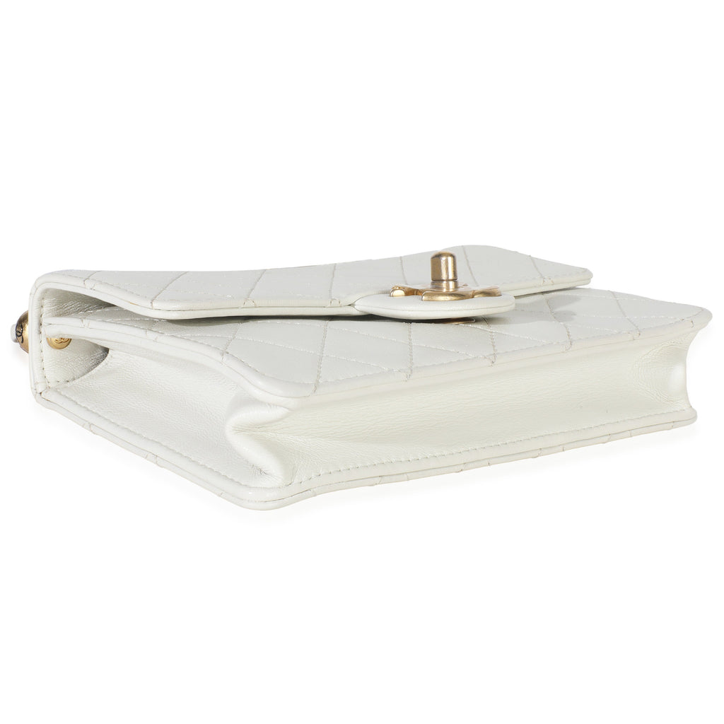 White Quilted Goatskin Small Chic Pearls Flap Bag