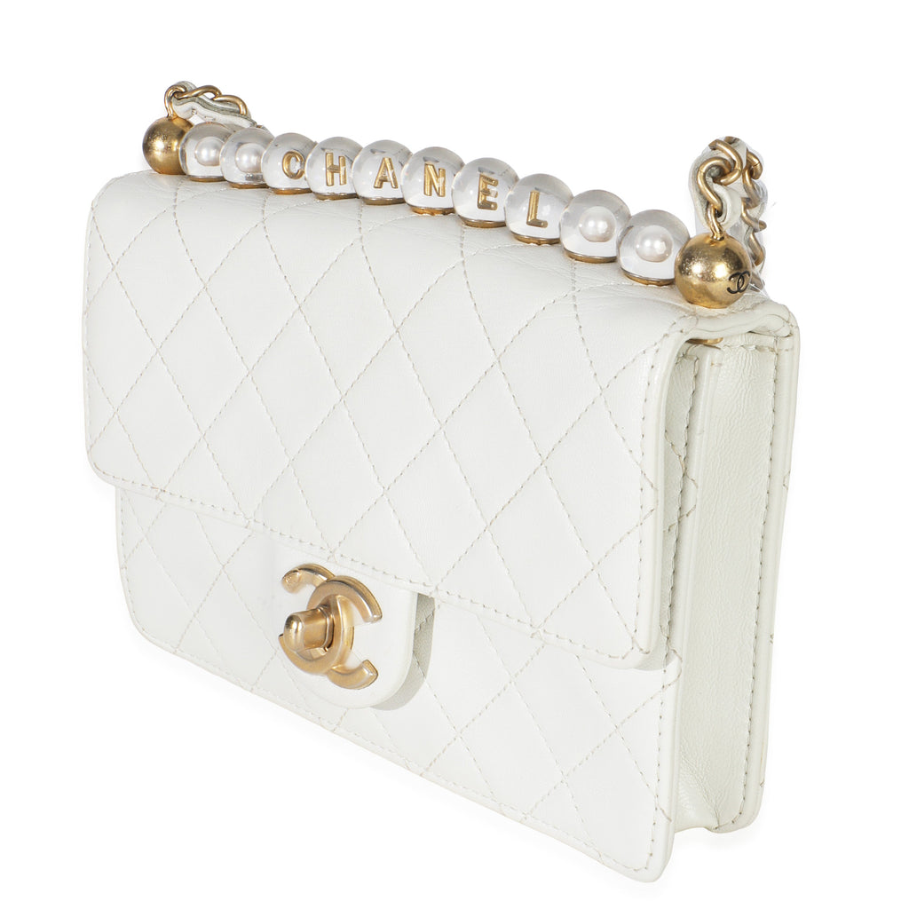 White Quilted Goatskin Small Chic Pearls Flap Bag