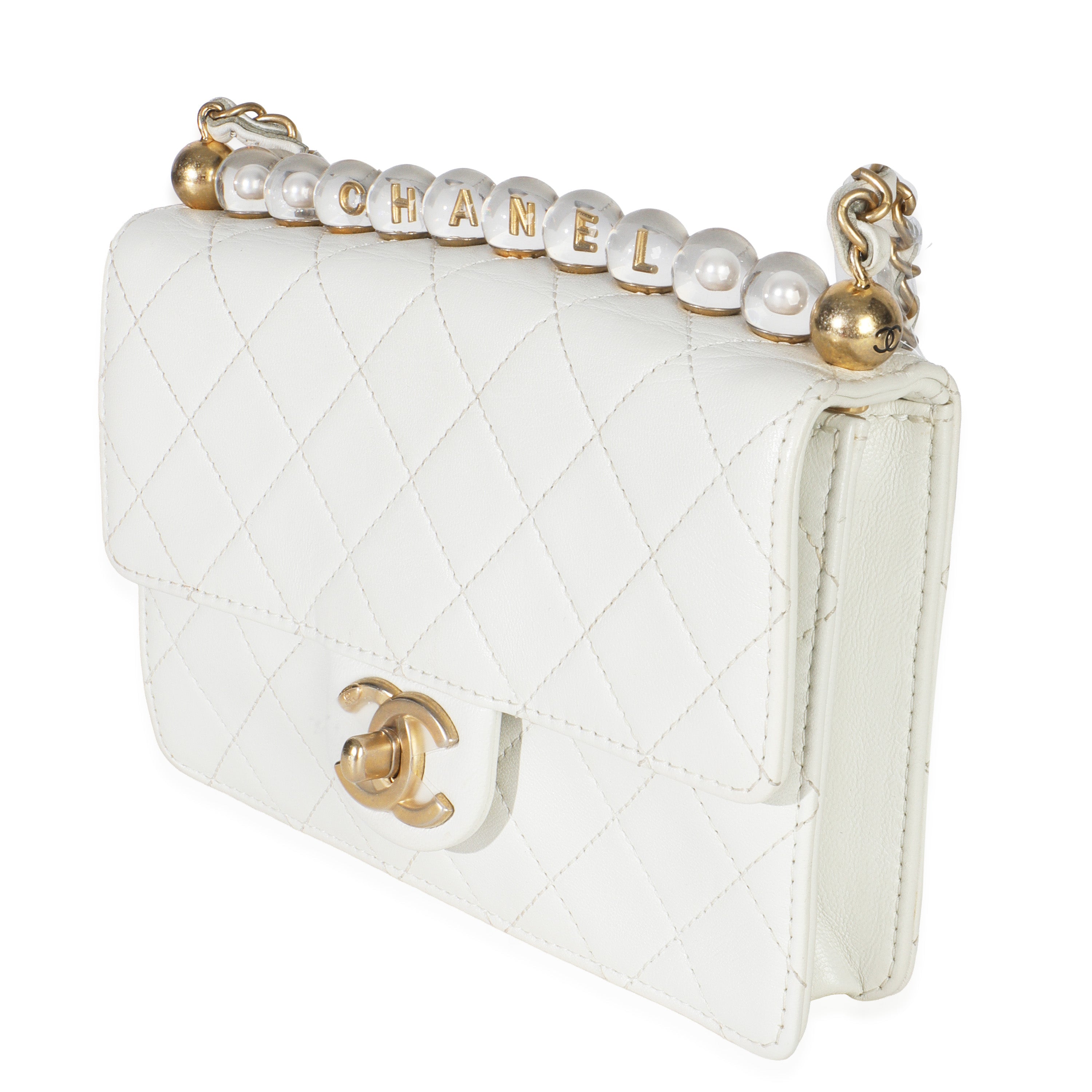 White Quilted Goatskin Small Chic Pearls Flap Bag