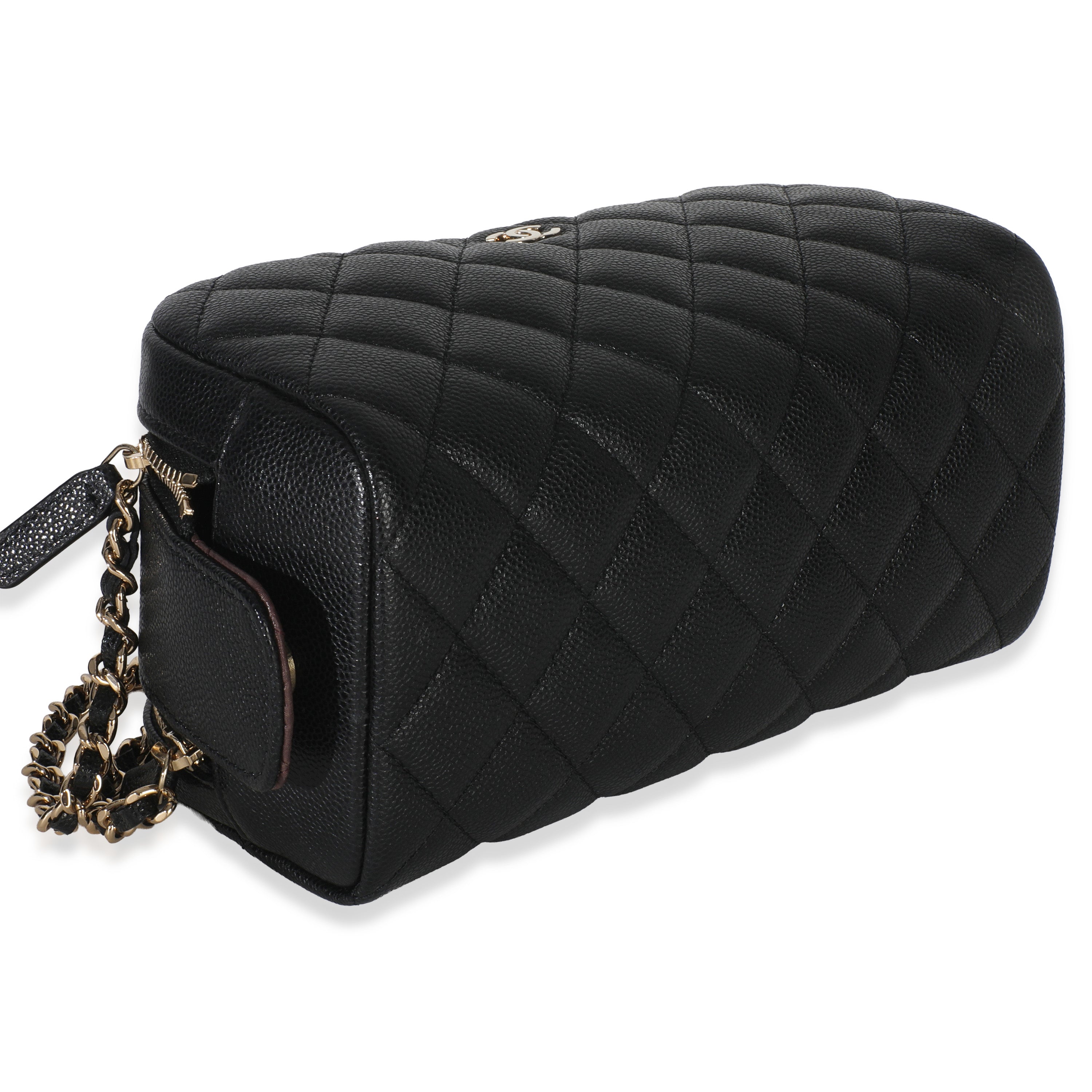 Black Quilted Caviar Toiletry Case With Chain