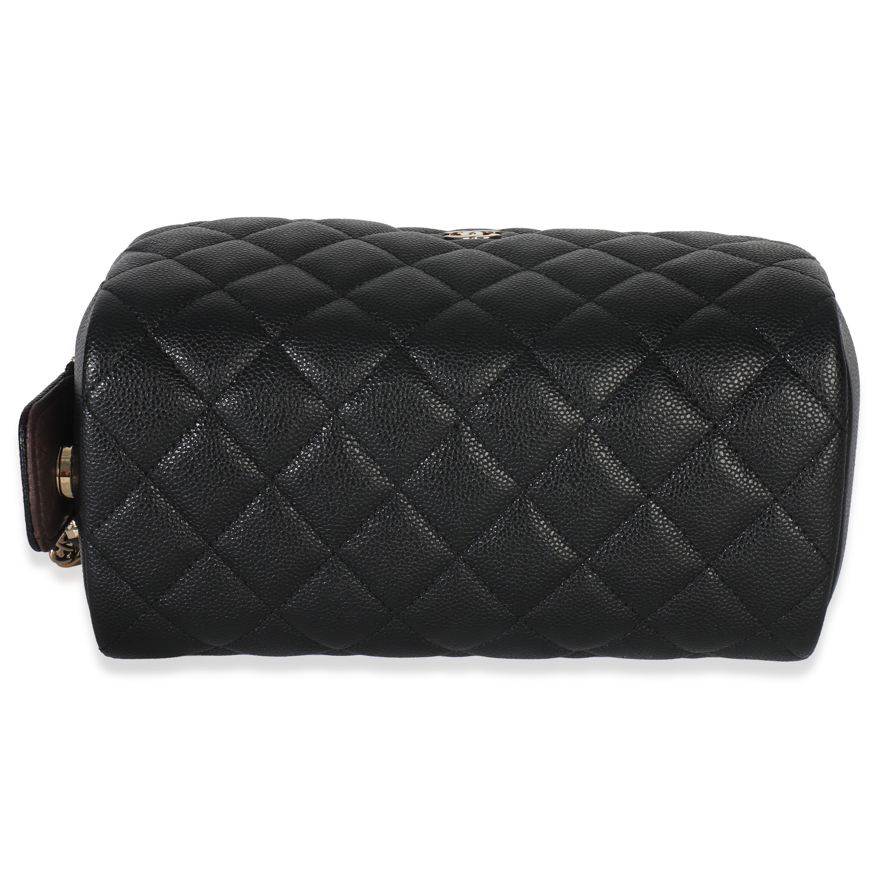 Black Quilted Caviar Toiletry Case With Chain