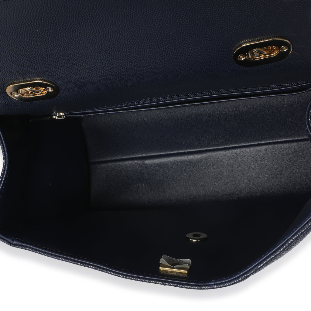 Navy Blue Quilted Caviar Retro Twist Top Handle Handbag