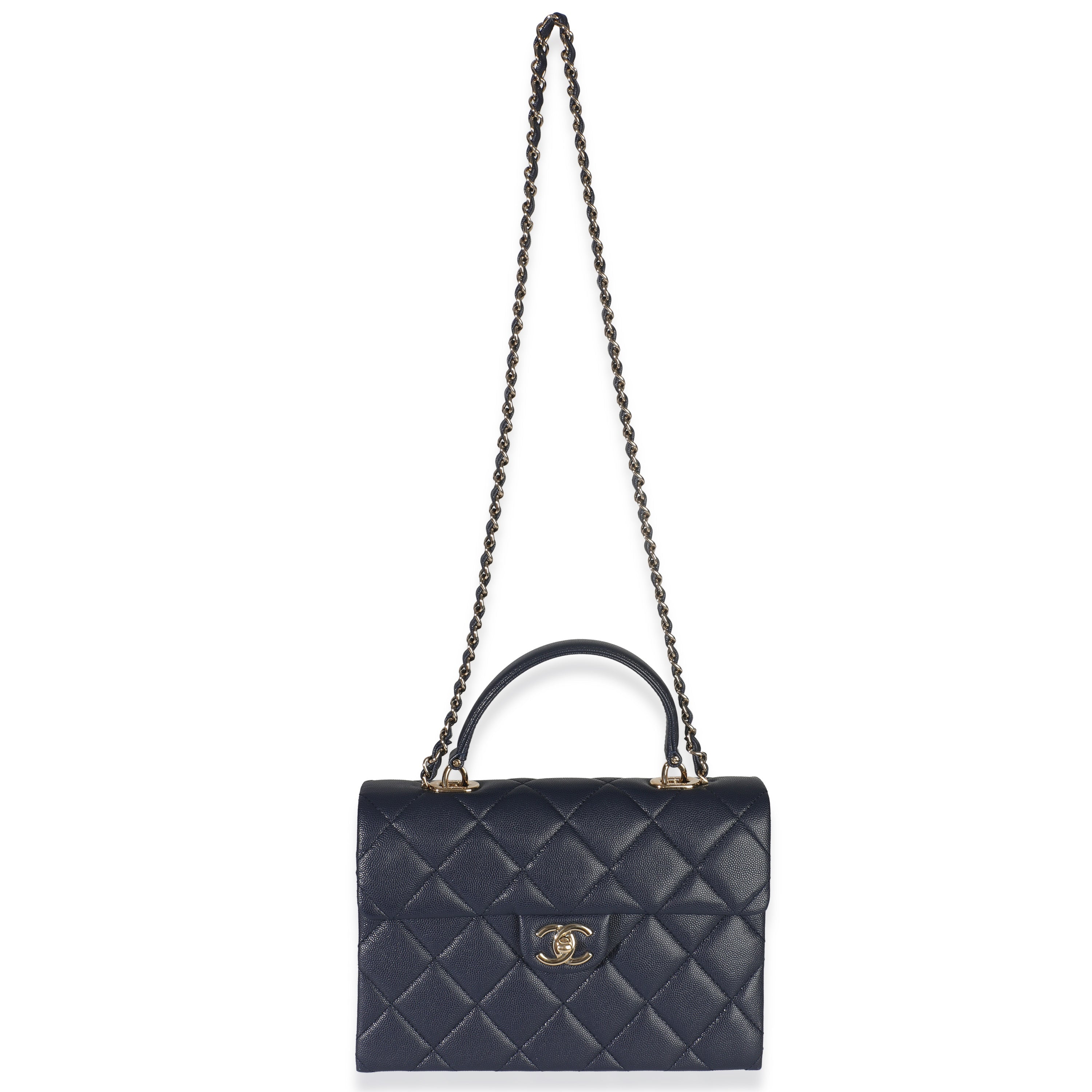 Navy Blue Quilted Caviar Retro Twist Top Handle Handbag