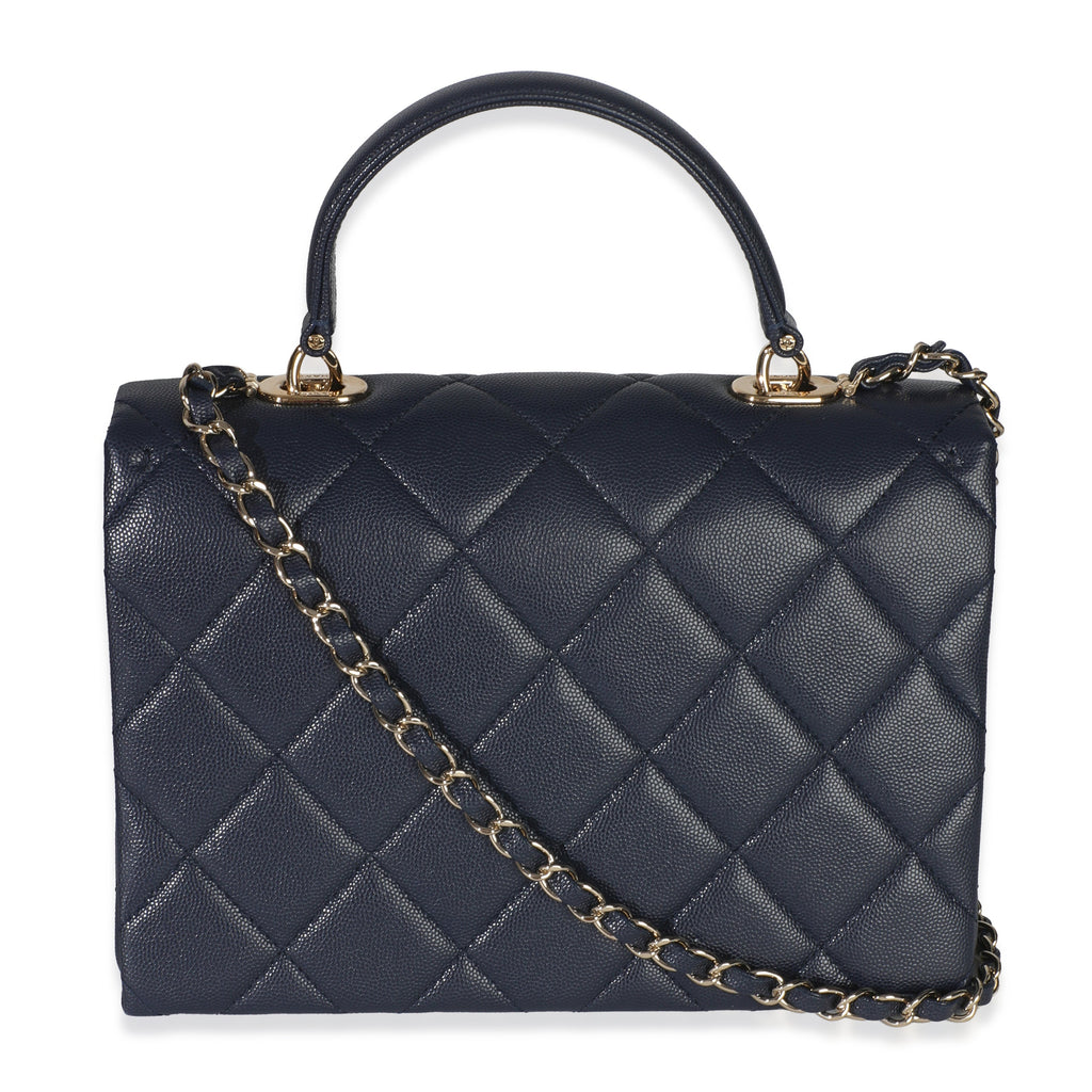 Navy Blue Quilted Caviar Retro Twist Top Handle Handbag