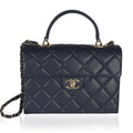 Navy Blue Quilted Caviar Retro Twist Top Handle Handbag