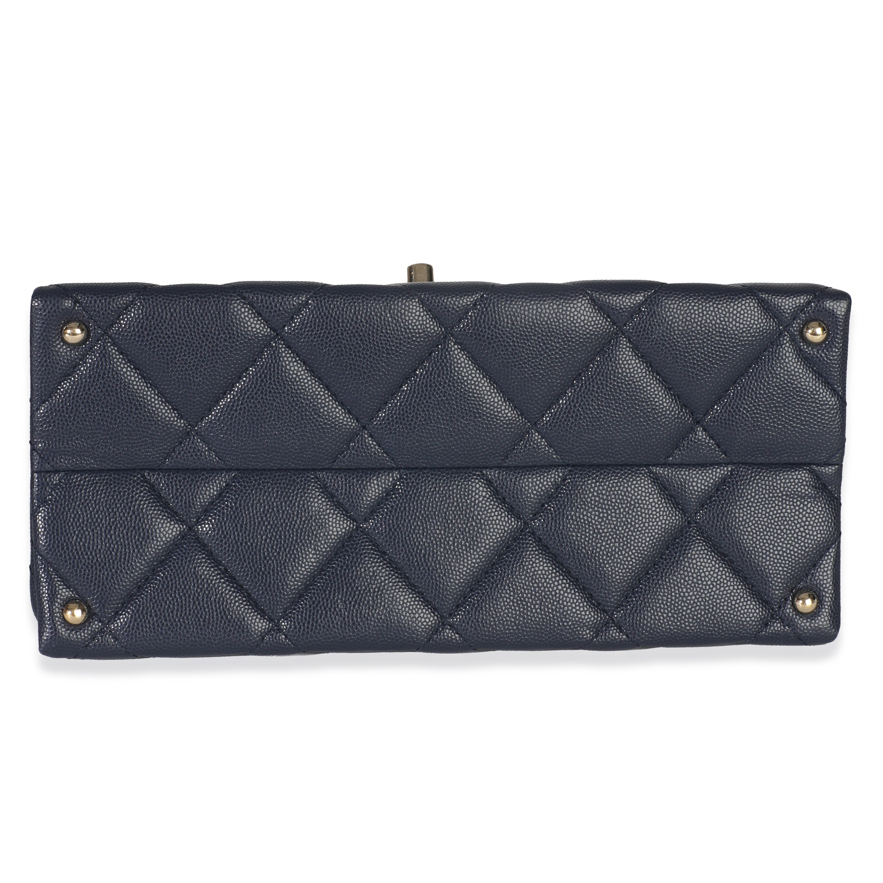 Navy Blue Quilted Caviar Retro Twist Top Handle Handbag