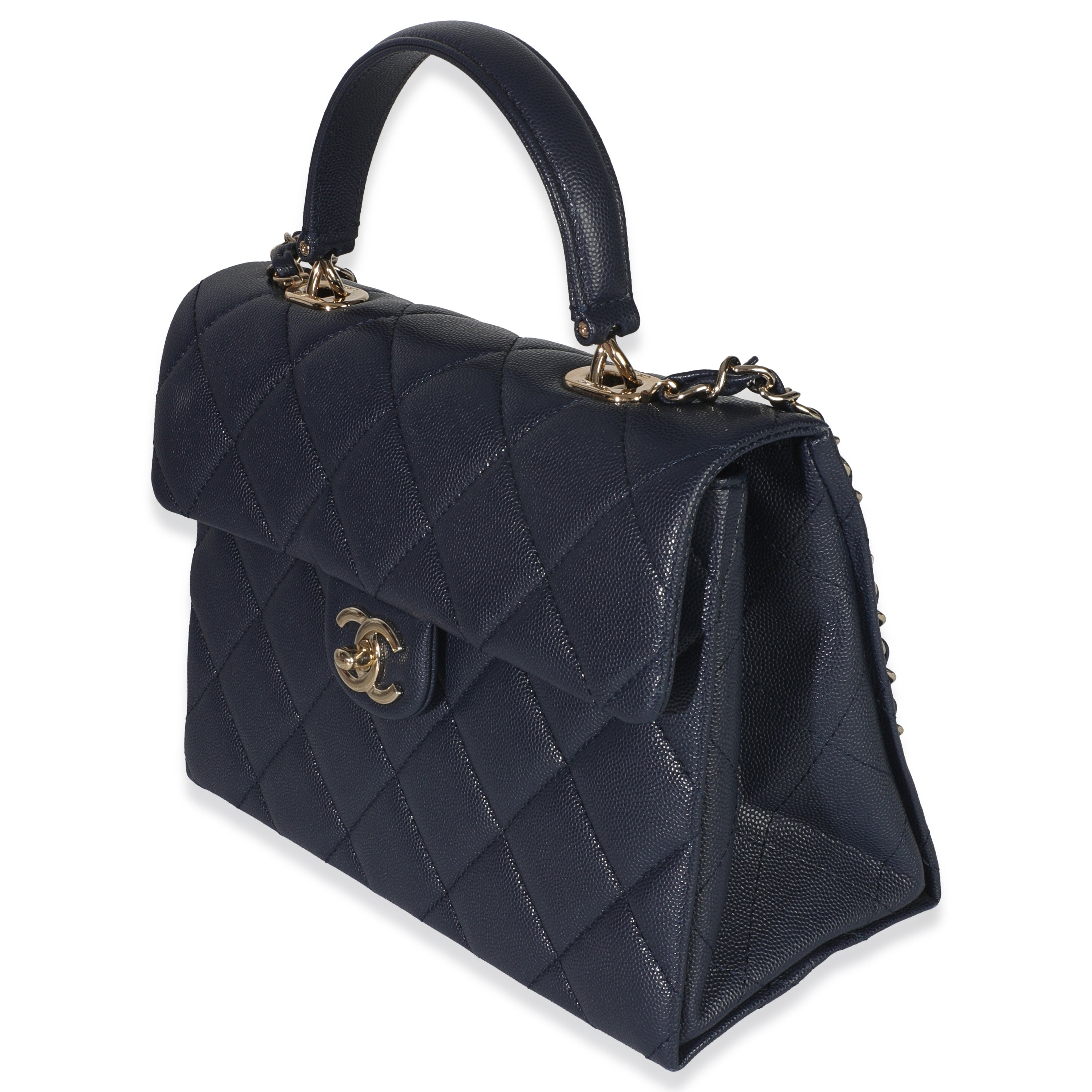Navy Blue Quilted Caviar Retro Twist Top Handle Handbag