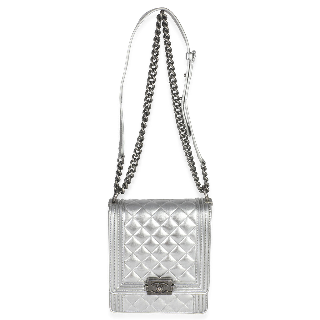 Silver Quilted Crinkled Goatskin North South Boy Bag