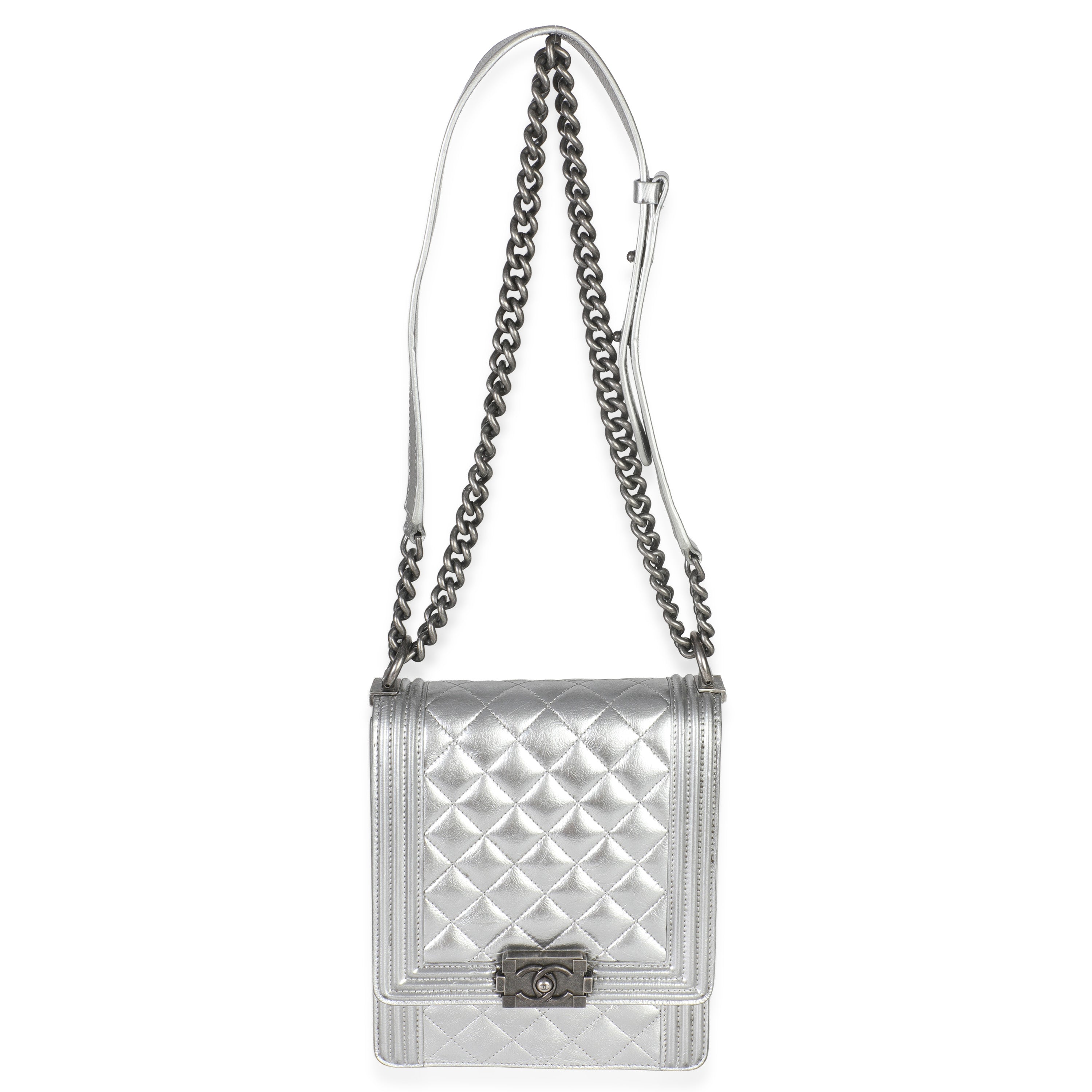 Silver Quilted Crinkled Goatskin North South Boy Bag