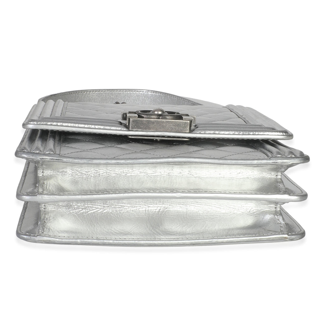 Silver Quilted Crinkled Goatskin North South Boy Bag