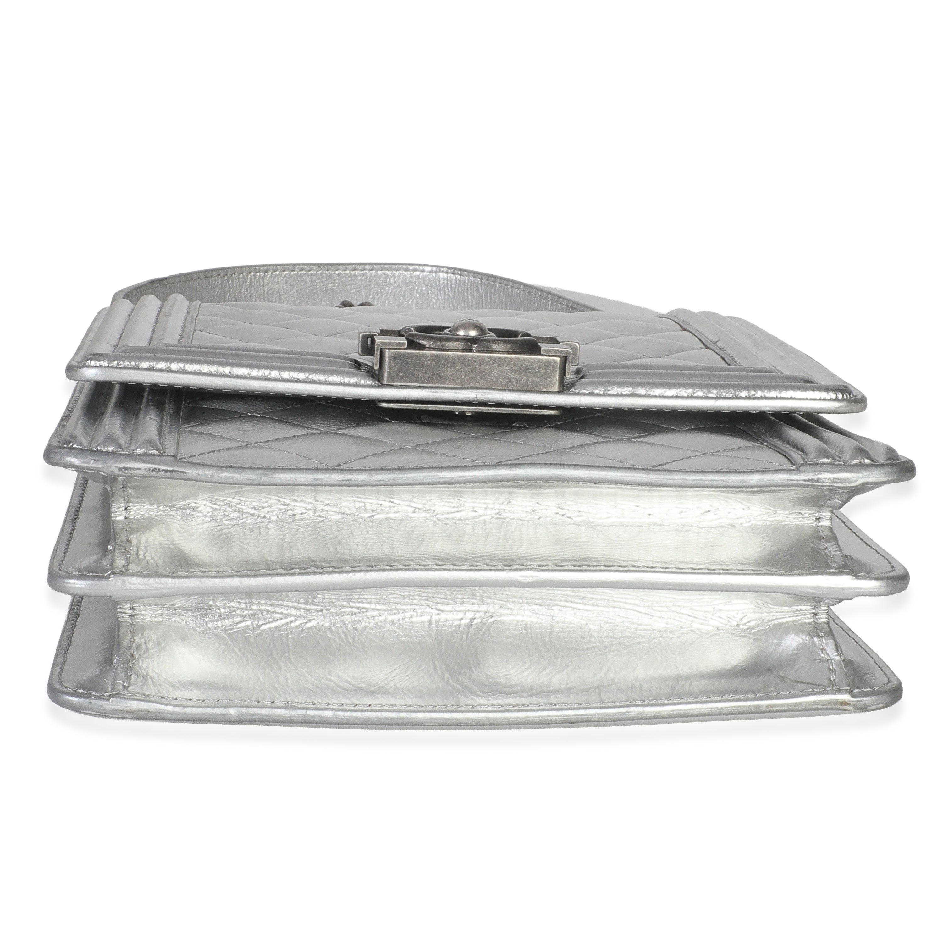 Silver Quilted Crinkled Goatskin North South Boy Bag