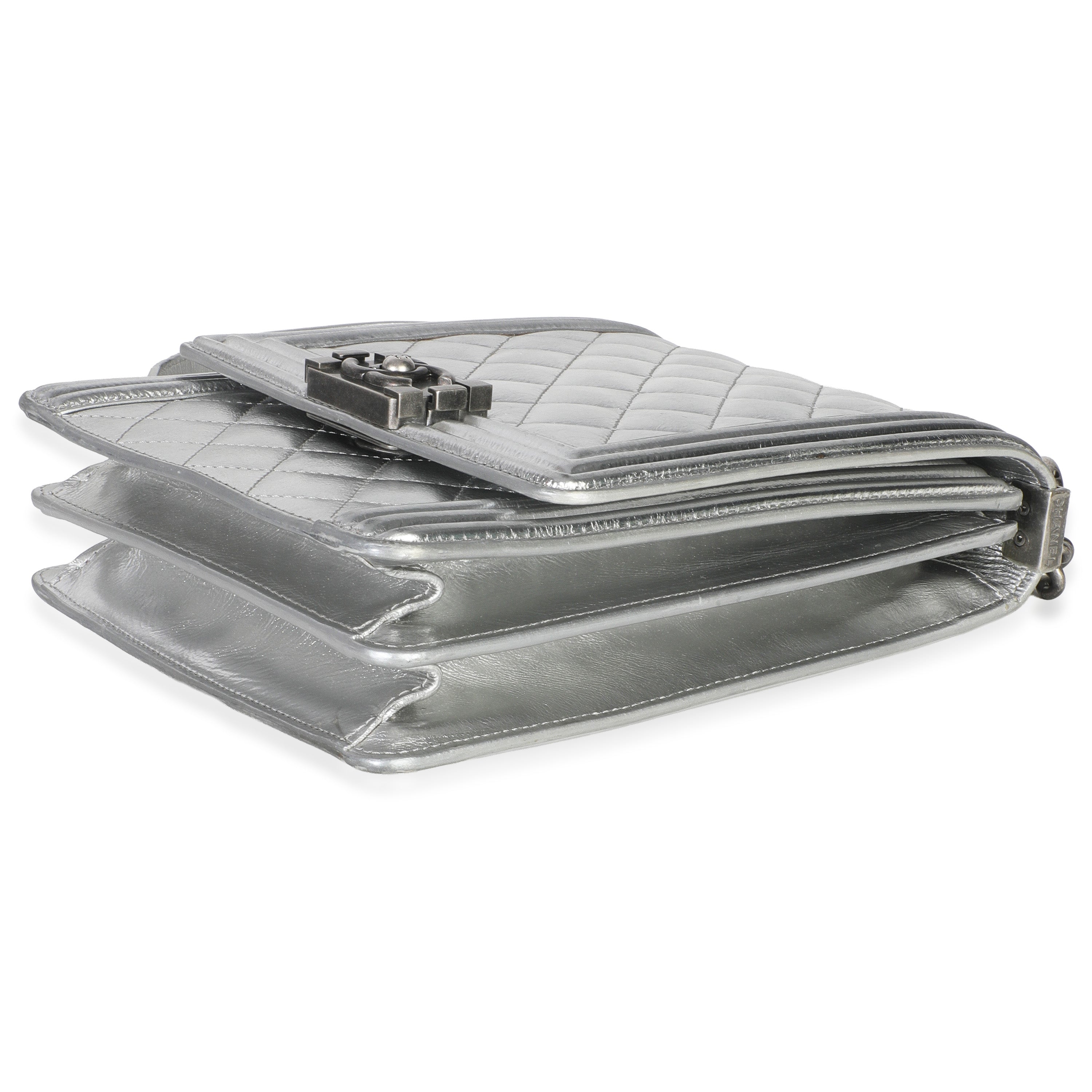 Silver Quilted Crinkled Goatskin North South Boy Bag
