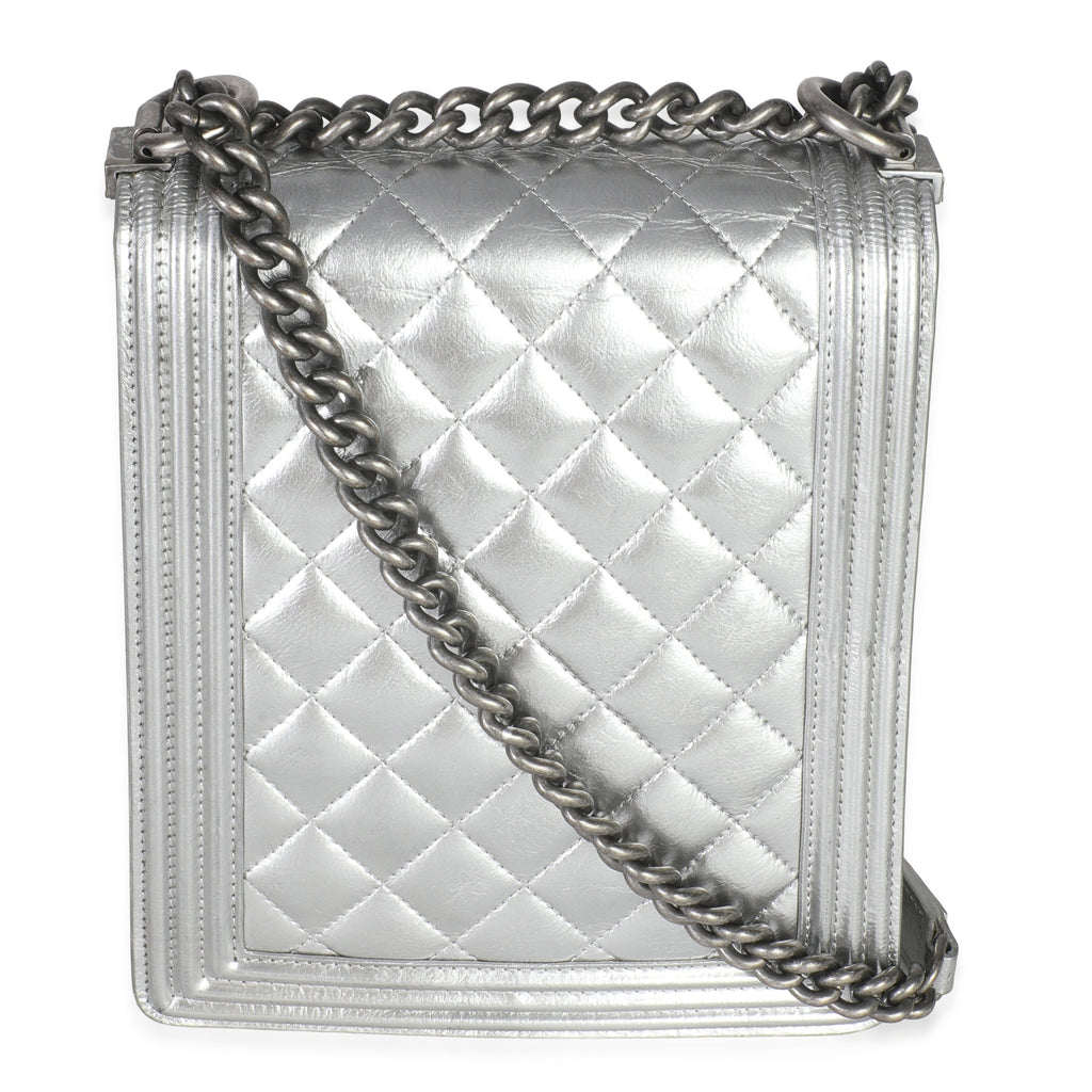 Silver Quilted Crinkled Goatskin North South Boy Bag