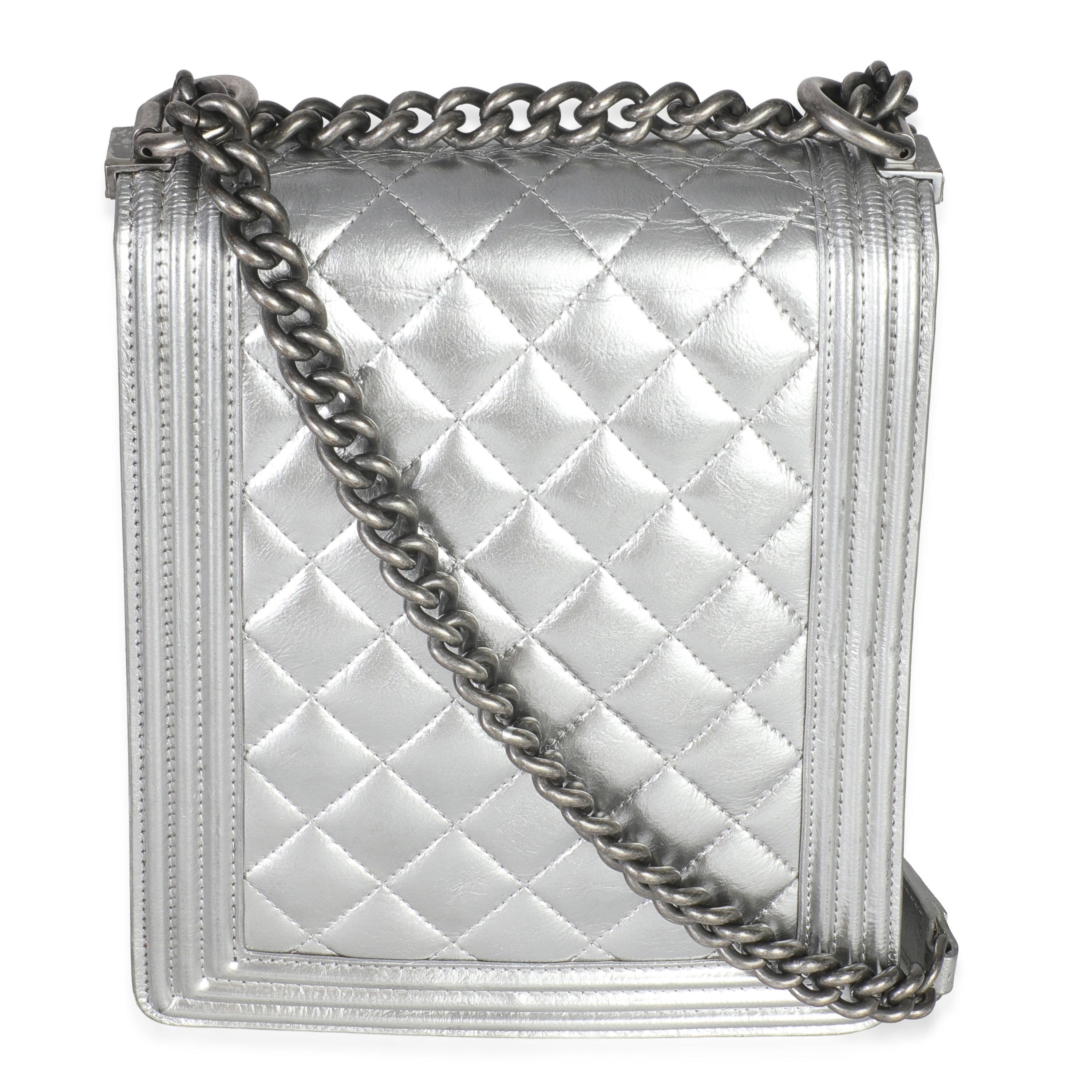 Silver Quilted Crinkled Goatskin North South Boy Bag