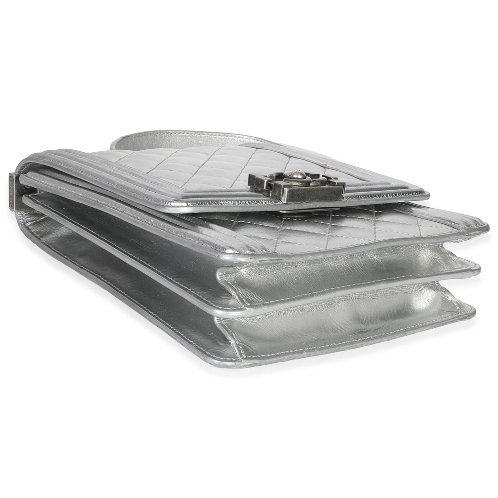 Silver Quilted Crinkled Goatskin North South Boy Bag