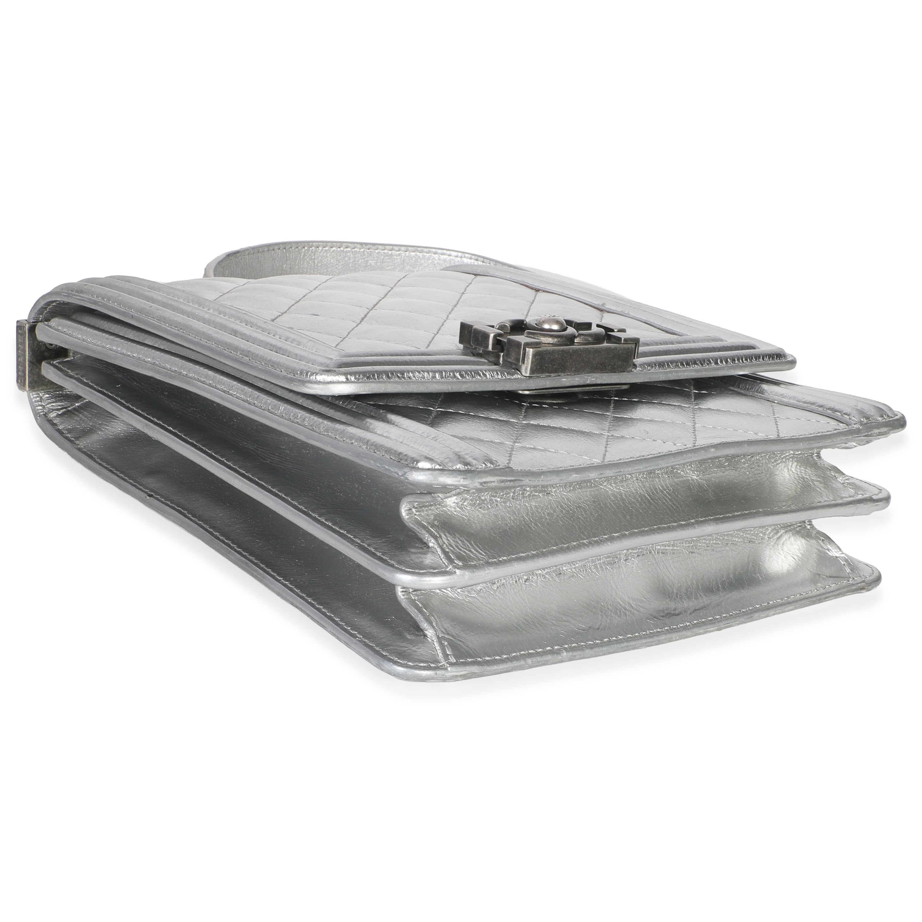 Silver Quilted Crinkled Goatskin North South Boy Bag