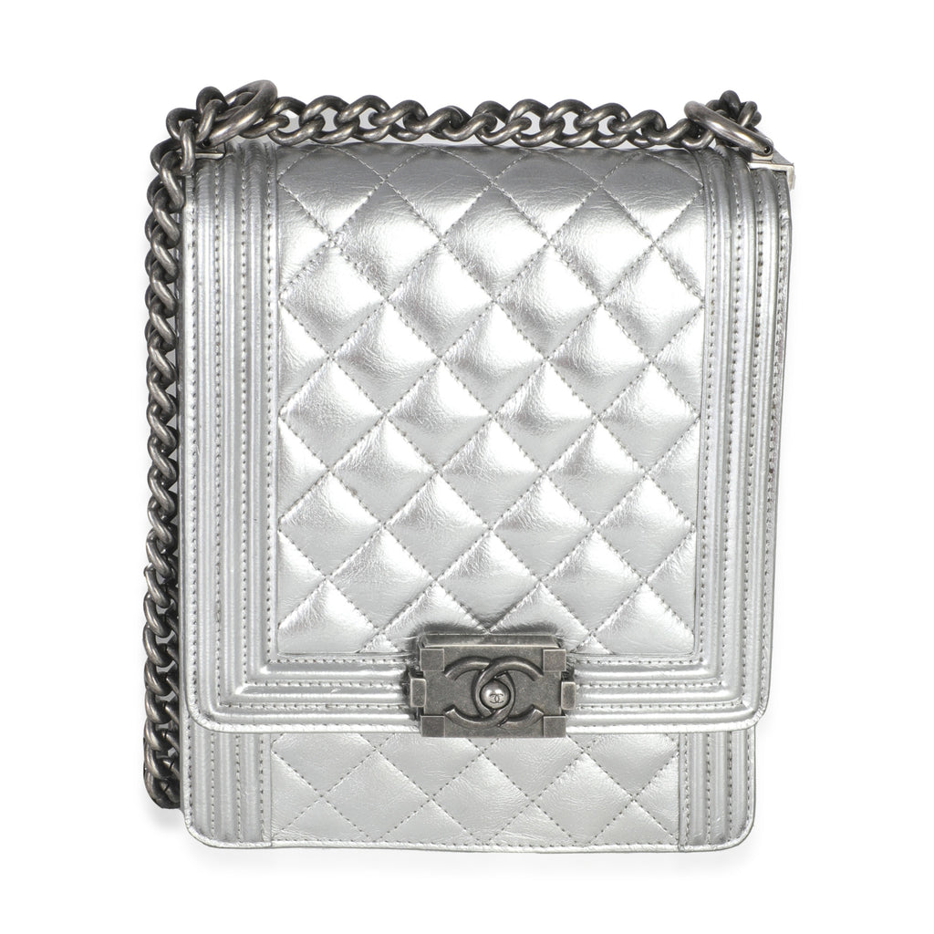 Silver Quilted Crinkled Goatskin North South Boy Bag